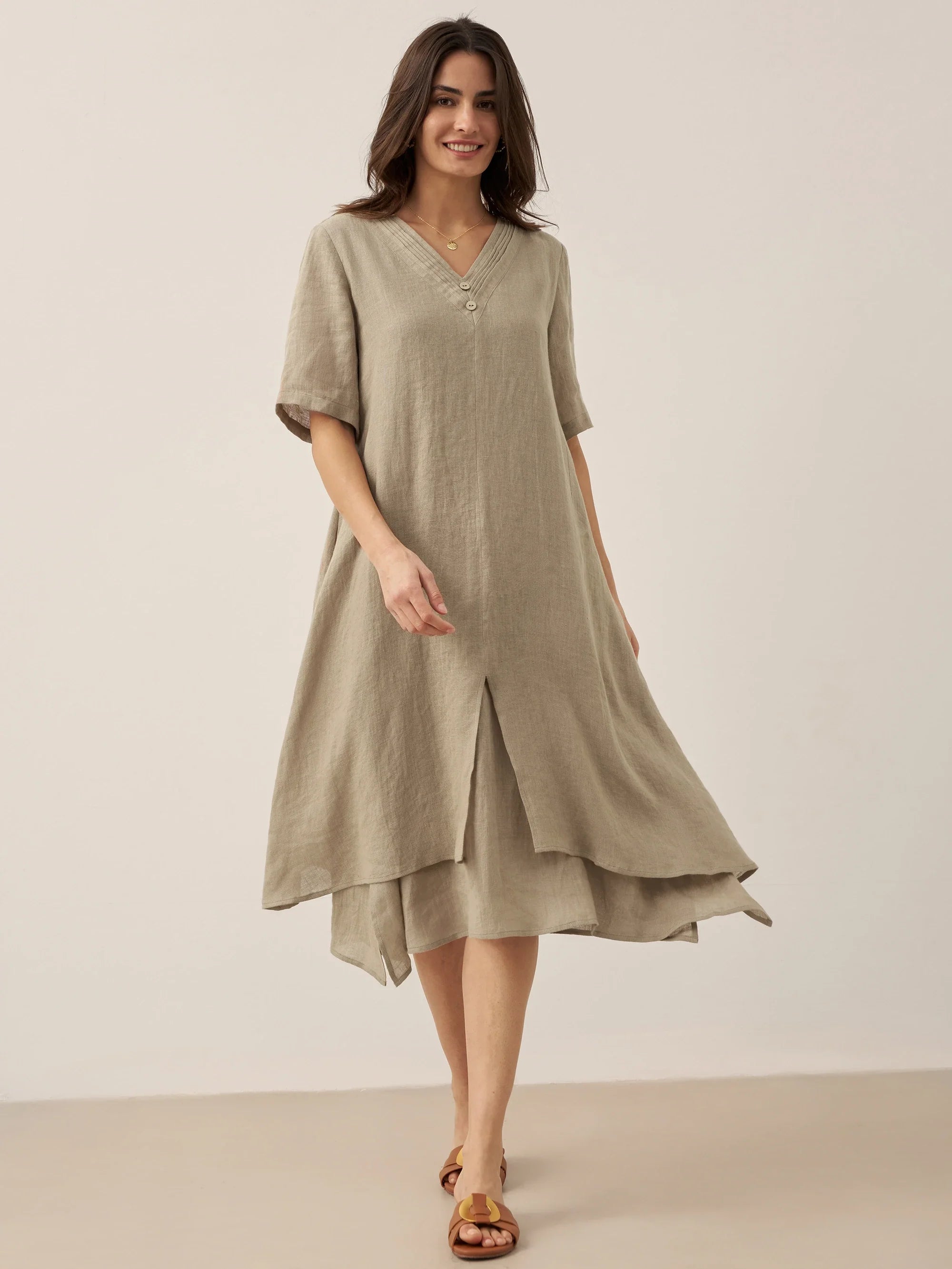 100% Linen V-Neck Double-Layer Mini Dress JAYDA