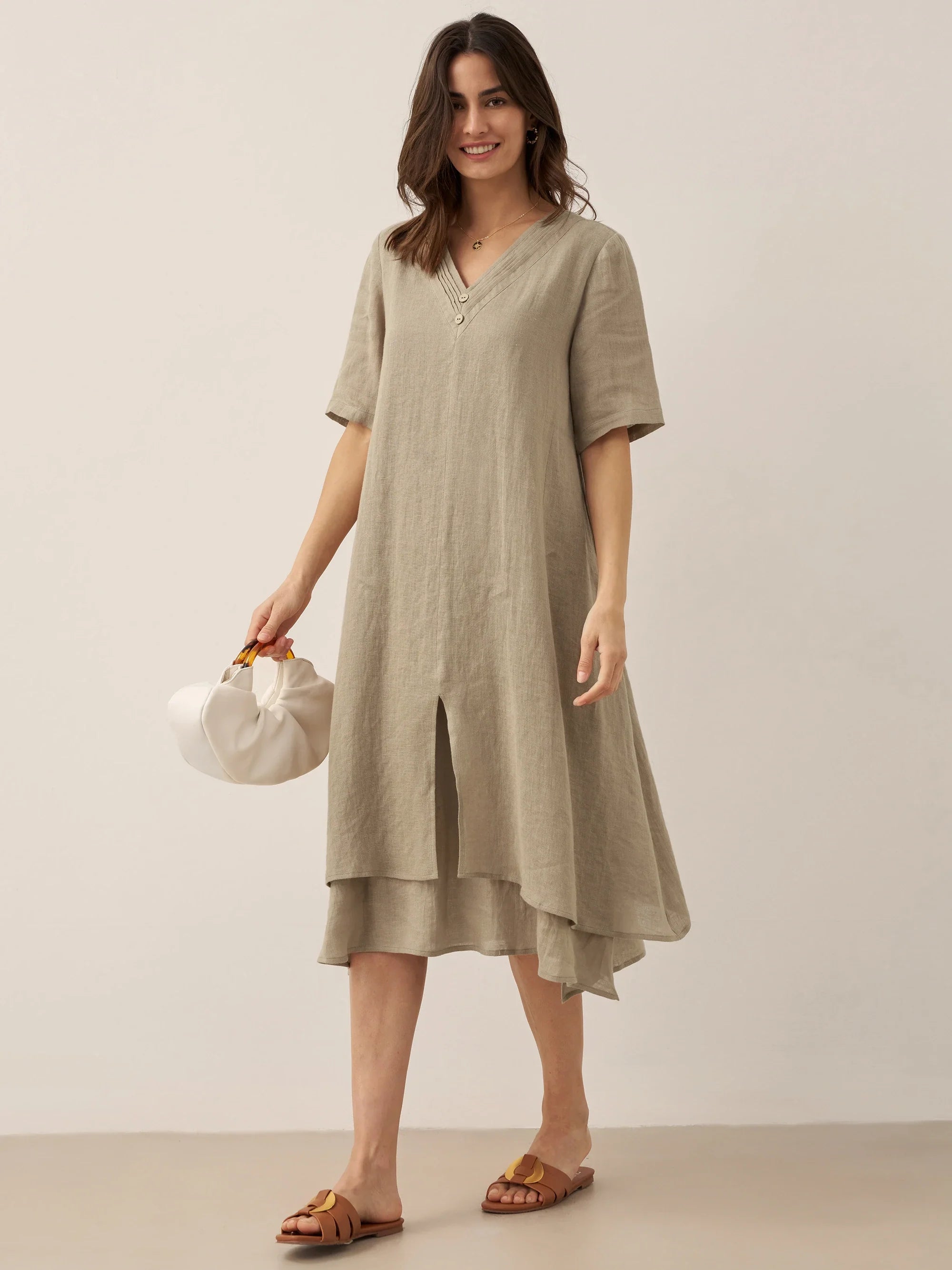 100% Linen V-Neck Double-Layer Mini Dress JAYDA
