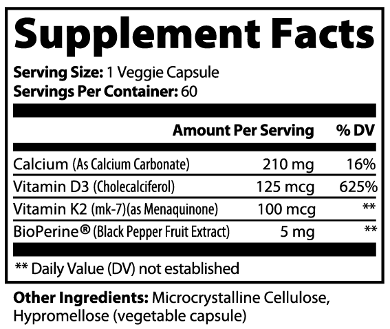 Vitamin D3 K2 MK-7 with Calcium & BioPerine – Bone, Heart & Immune Support, 60 Capsules