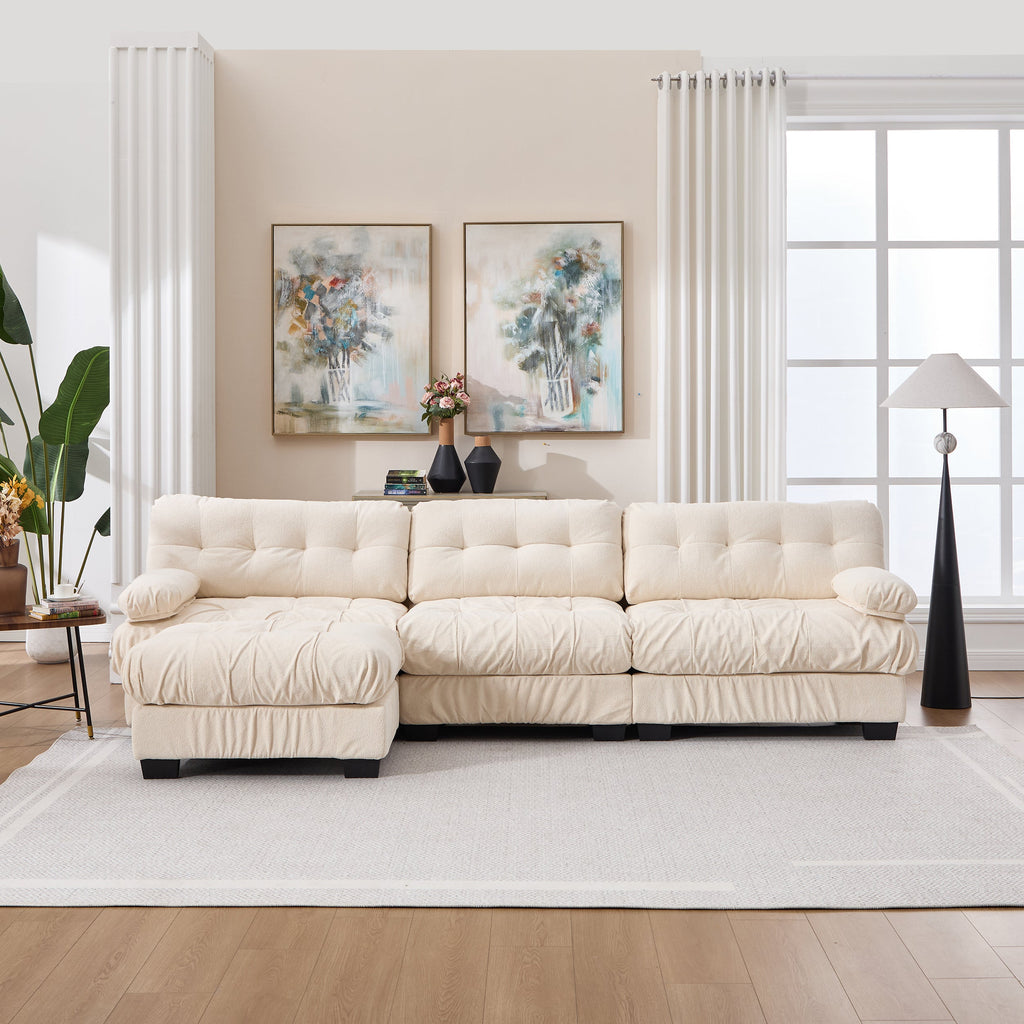 Sectional Sofa L-Shape Flannelette Beige 4 Seat Ottoman 123 In Deep Seat
