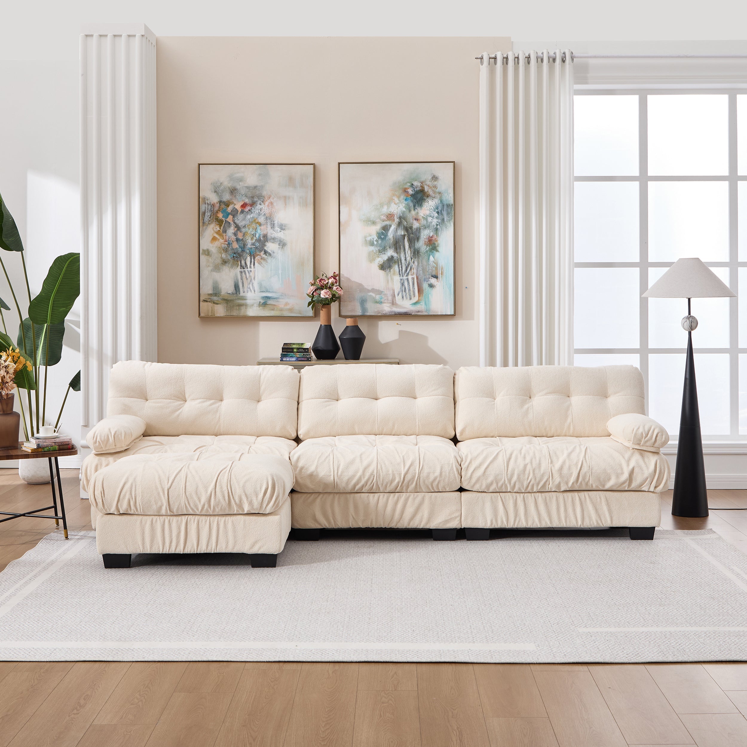 Sectional Sofa L-Shape Flannelette Beige 4 Seat Ottoman 123 In Deep Seat