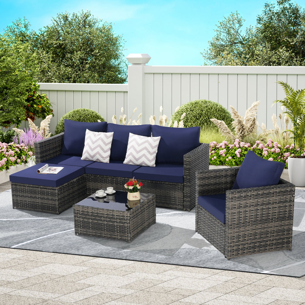 Outdoor Sectional Set PE Rattan Steel Dark Blue 4 Piece Seats 6 380 LB