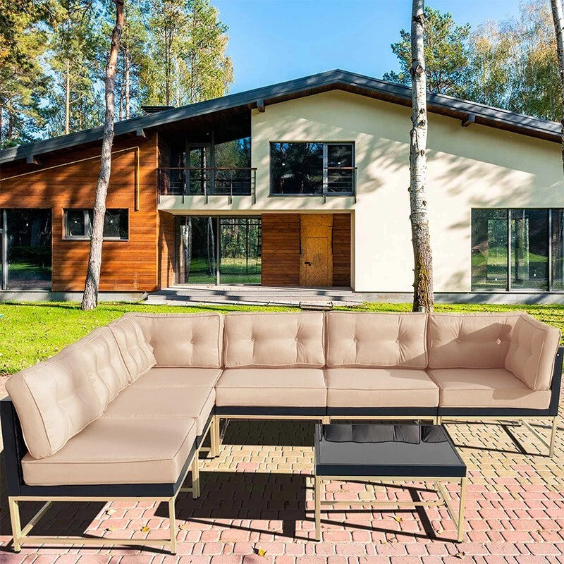Outdoor Sectional Set Iron Frame Brown Beige 7 Piece Glass Table 106 In