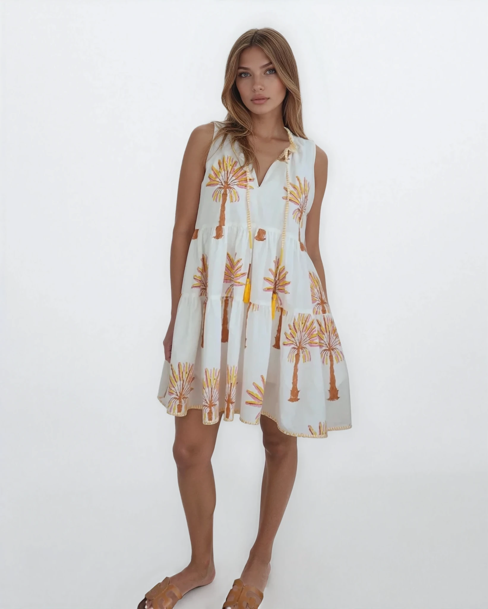 Molly Mini Dress - Yellow/Pink Palms