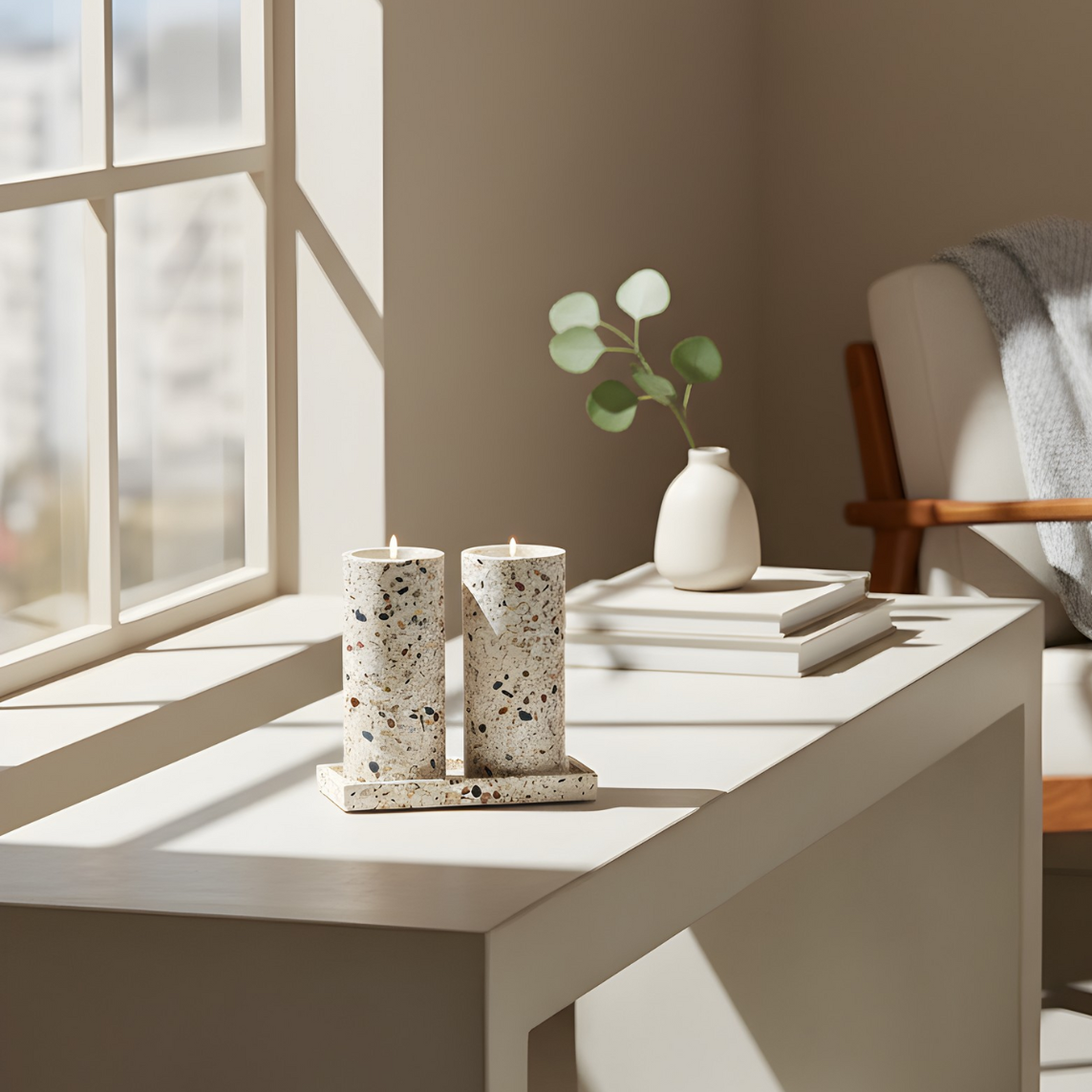 Set of candlesticks for Shabbat with a designed concrete tray - Stone Glow Series