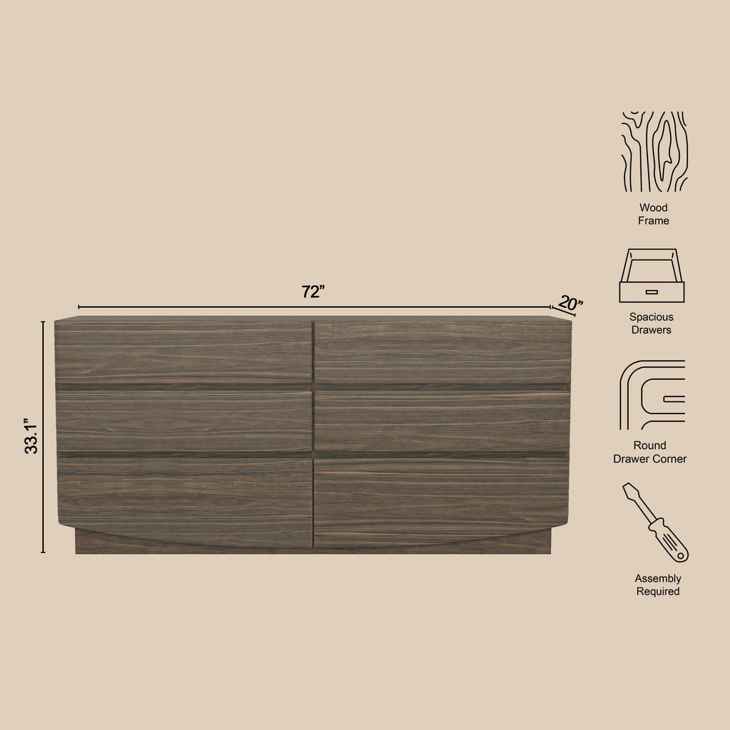 Dresser Minimalist 6-Drawer Walnut MDF Handleless Wood Grain 72x20 In