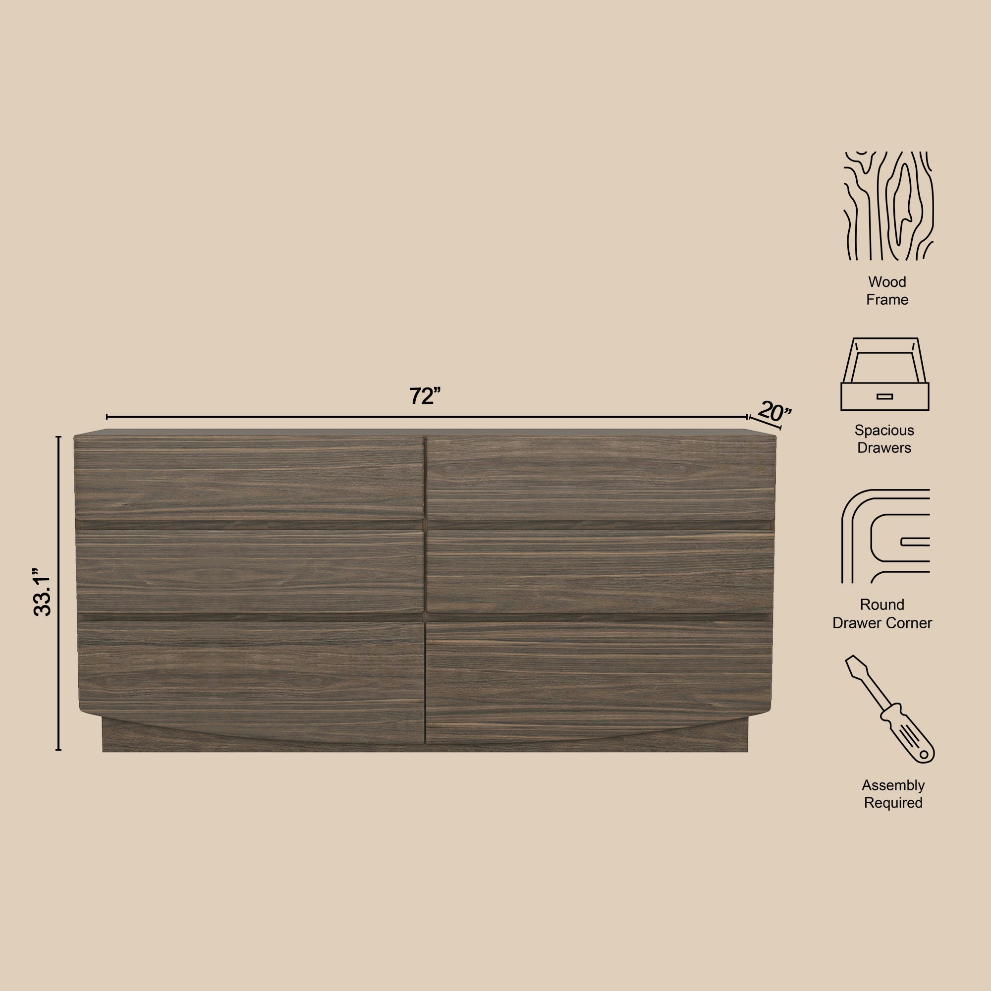 Dresser Minimalist 6-Drawer Walnut MDF Handleless Wood Grain 72x20 In