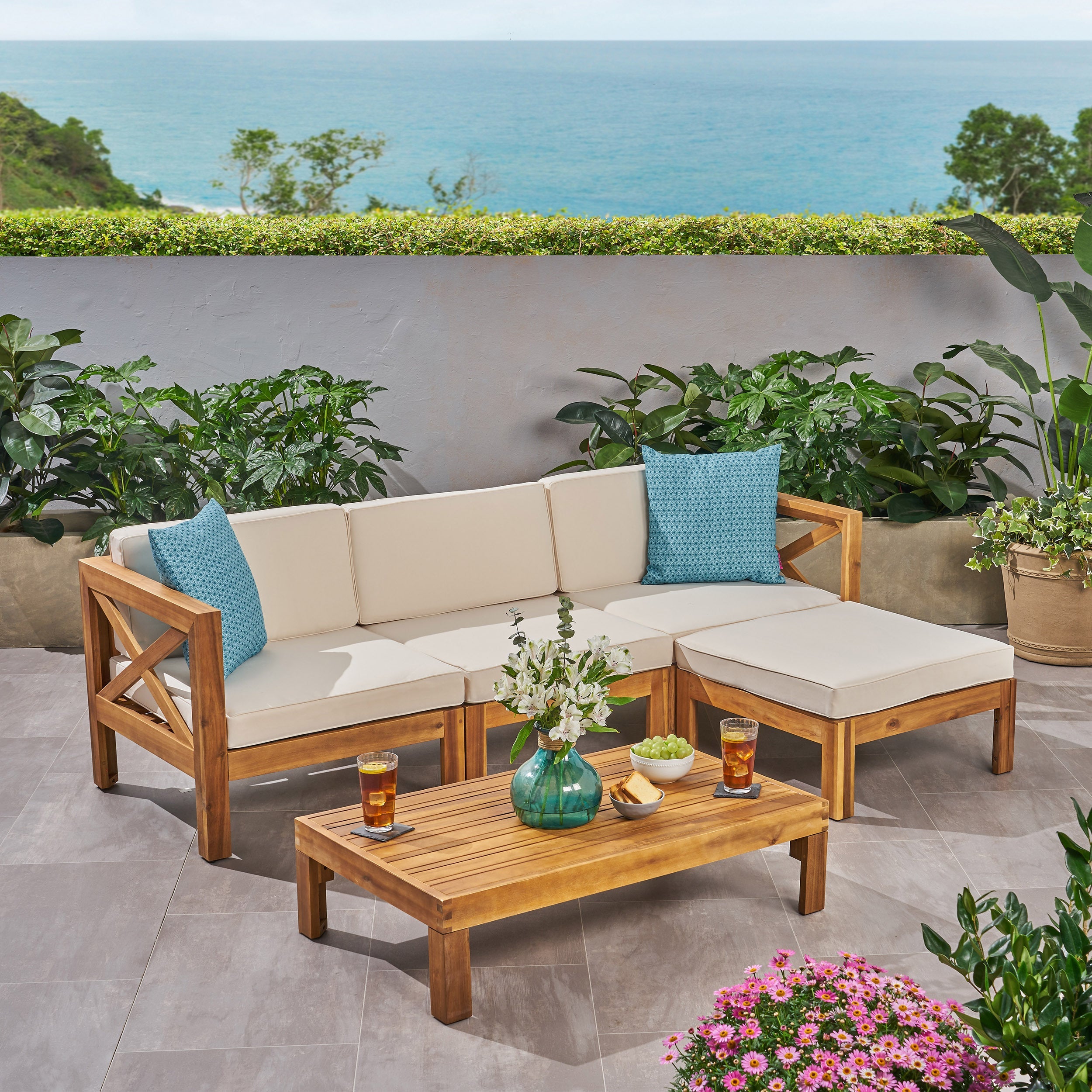 Outdoor Sectional Set Acacia Wood Beige 5 Piece L Shape Seats 4