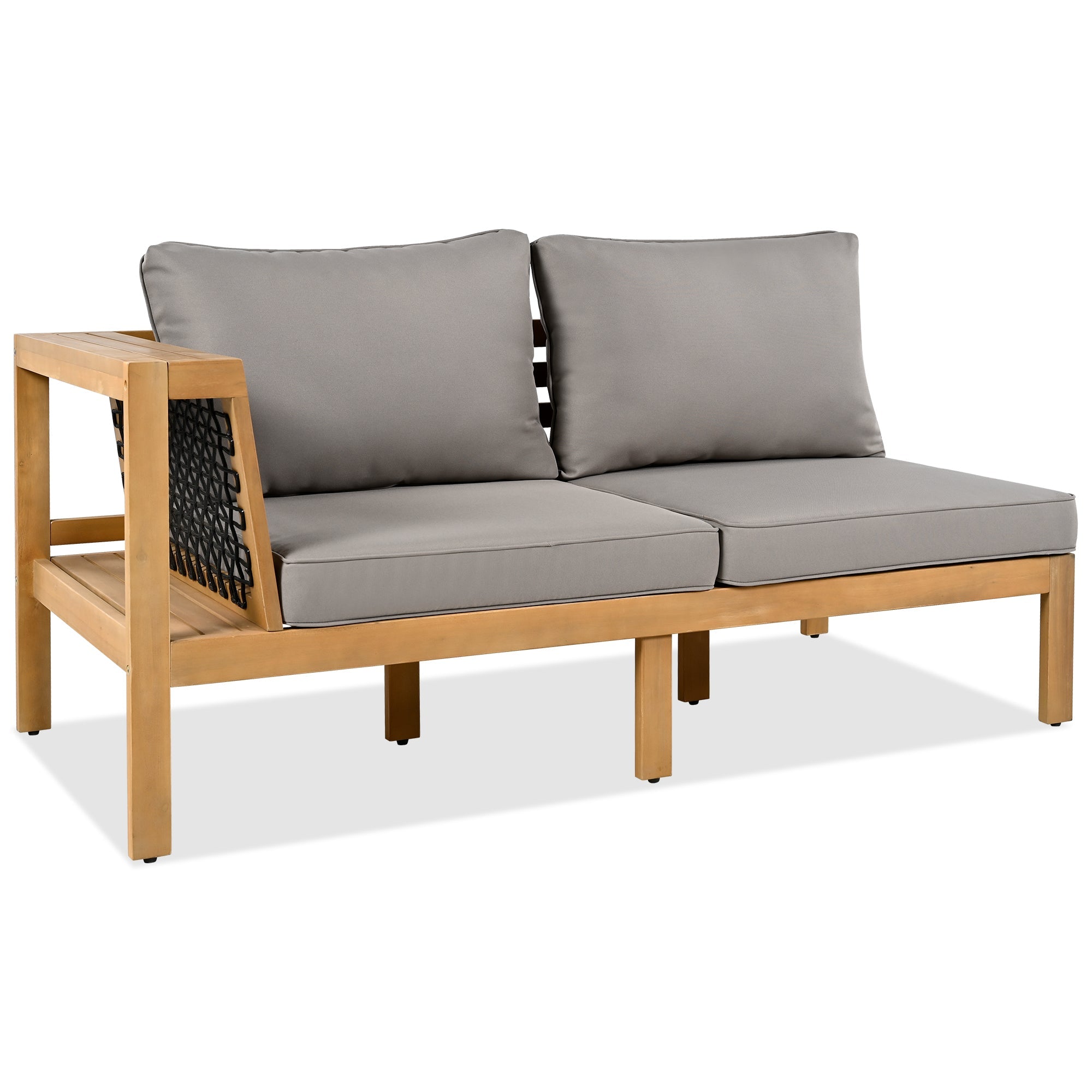 Outdoor Sofa Set Acacia Wood Rope Gray Cushion 4 Piece L-Shape Seats 6