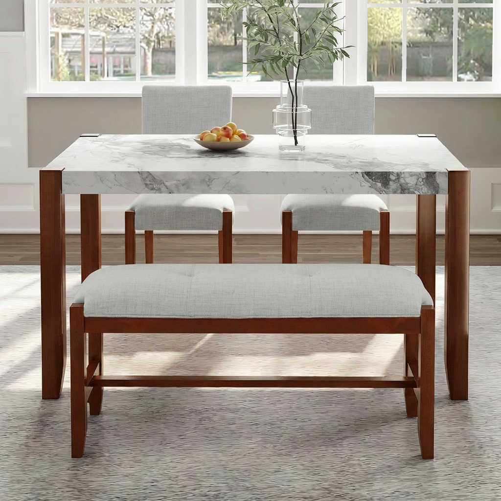 4-Piece Dining Set, 1 Marble-Look Table with 2 Upholstered Chairs and 1 Bench