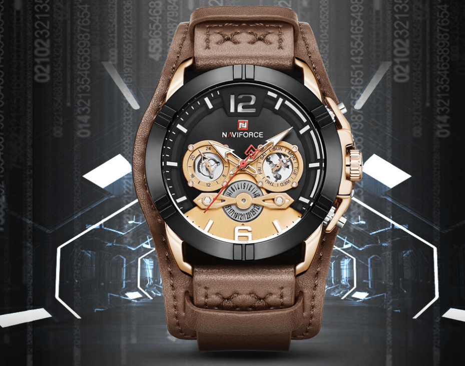 Men's Leather Waterproof Watch With Chronometers And Fluorescent Hands Excellent Design Perfect Gift