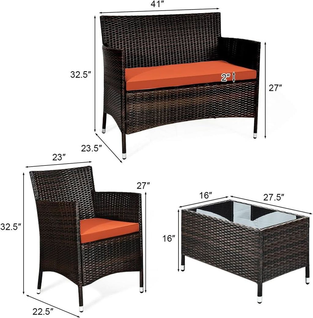 Rattan Patio Set With Cushioned Chairs And Glass Table