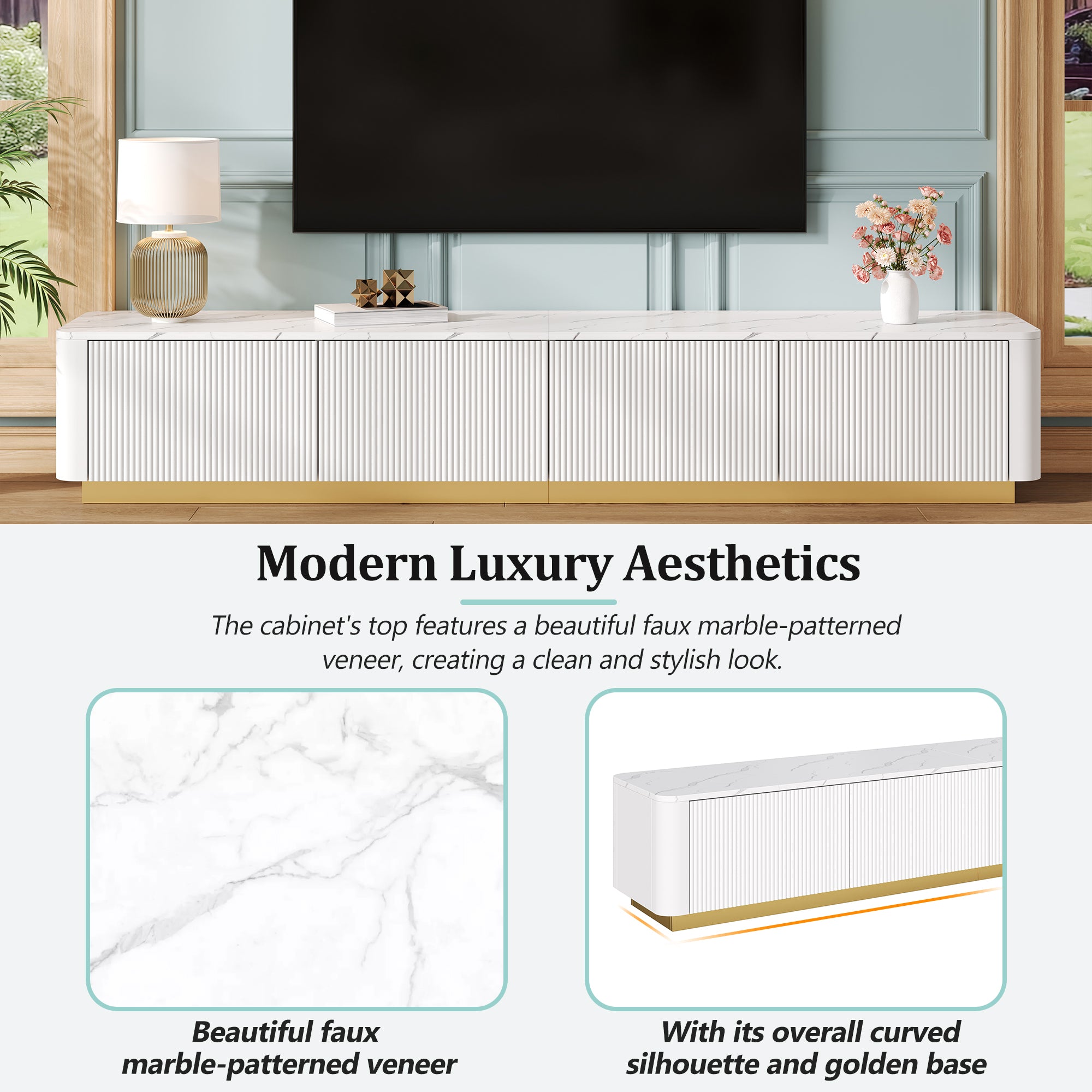 Luxury Fluted White TV Stand Faux Marble Top 4-Drawer 85