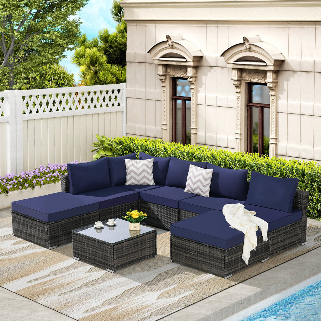 Outdoor Sectional Set PE Rattan Steel Dark Blue 8 Piece Seats 8 380 LB
