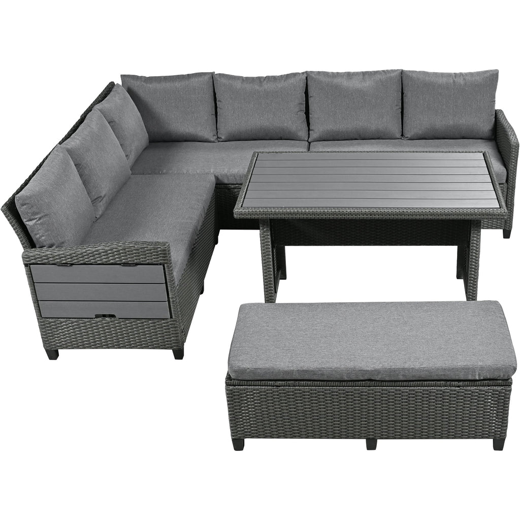 Outdoor Sectional Set PE Wicker Steel Gray 5 Piece L-Shape Seats 7