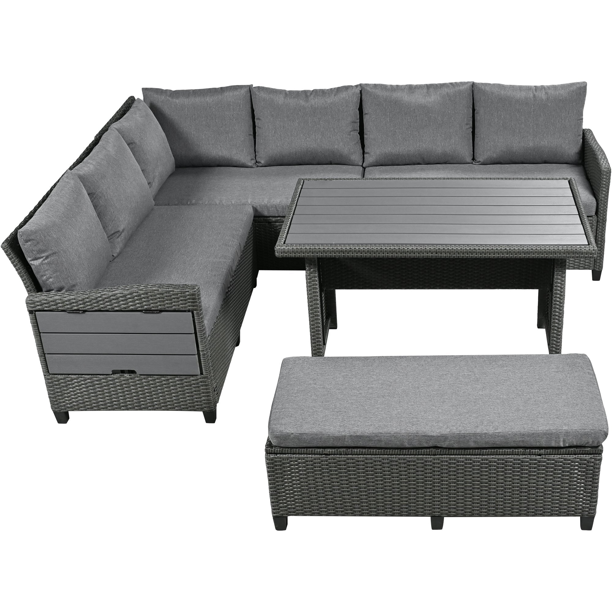 Outdoor Sectional Set PE Wicker Steel Gray 5 Piece L-Shape Seats 7