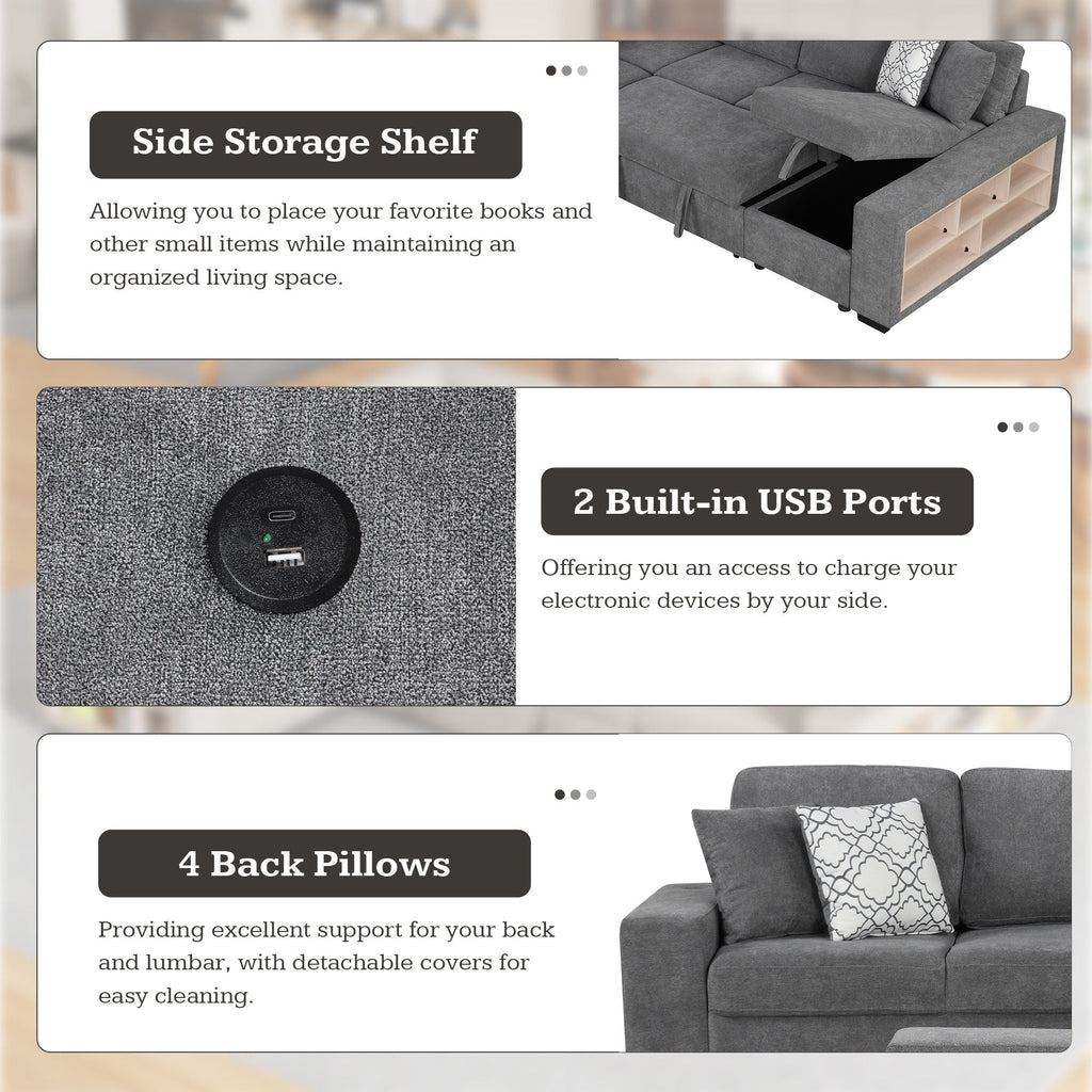 Sectional Sofa U-Shape Chenille Gray 5 Seat USB Ports Pull-Out 109 In