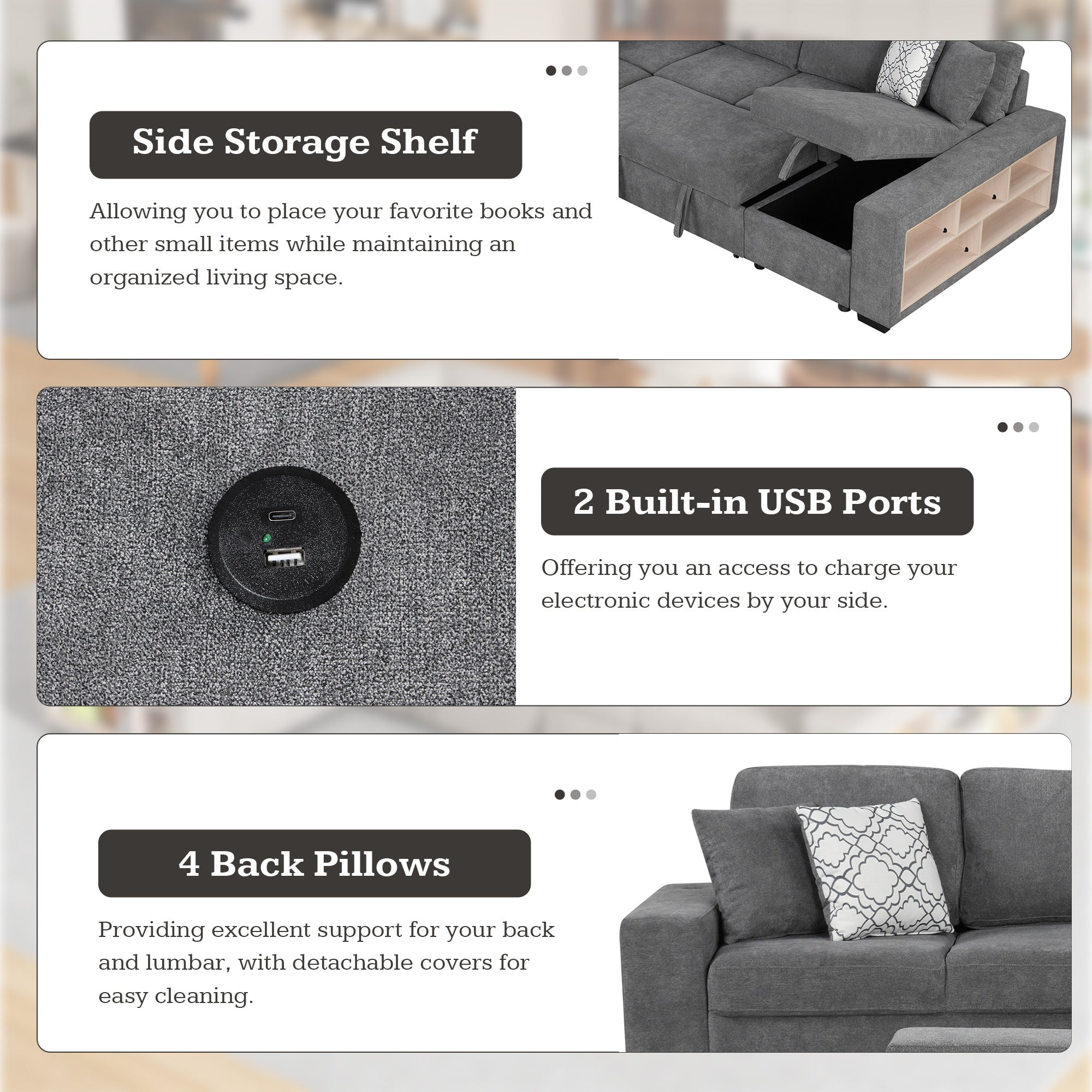 Sectional Sofa U-Shape Chenille Gray 5 Seat USB Ports Pull-Out 109 In