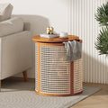 15.70' Round End Table, Hollow Woven Side Table, Small Rubber Wood Nightstand,