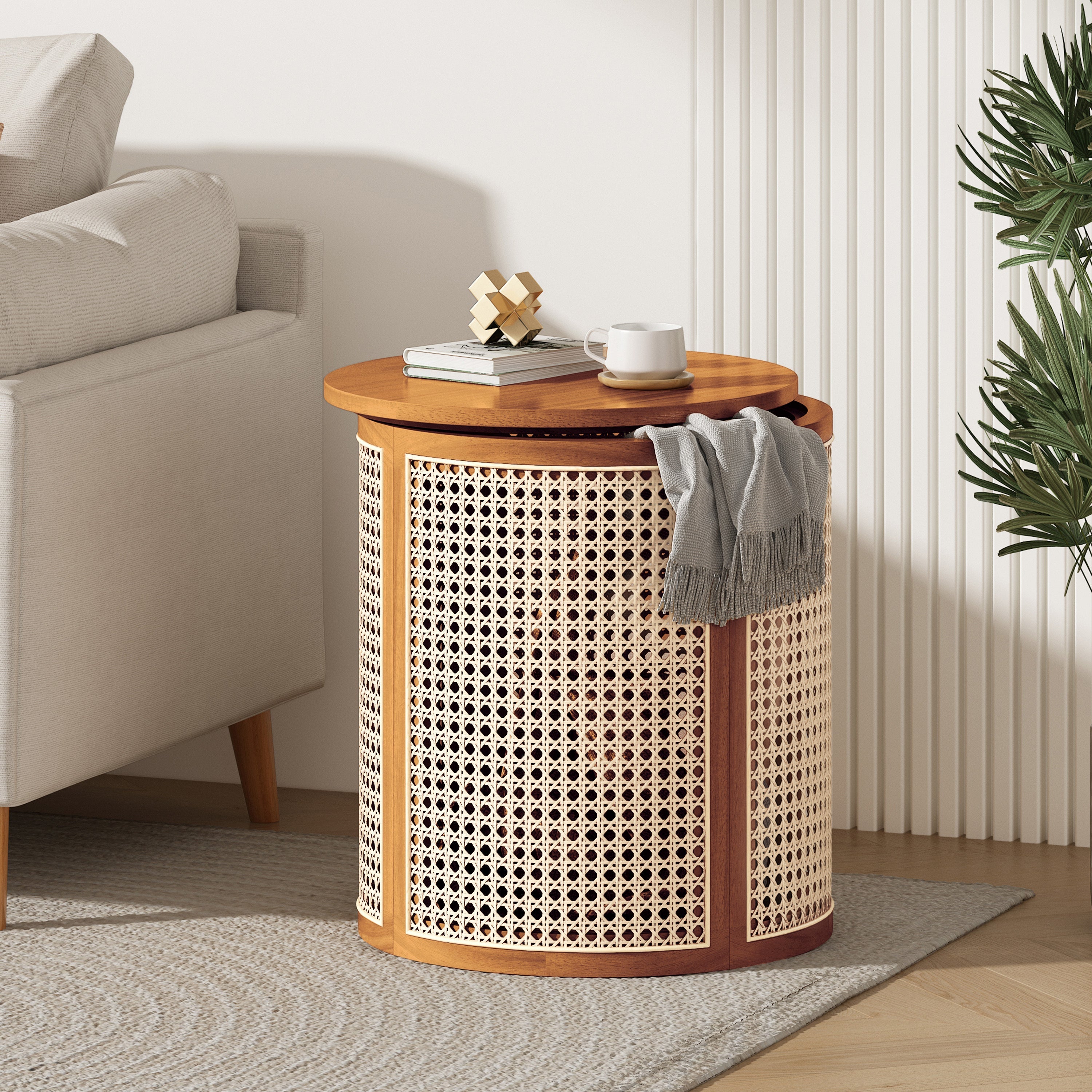 15.70' Round End Table, Hollow Woven Side Table, Small Rubber Wood Nightstand,