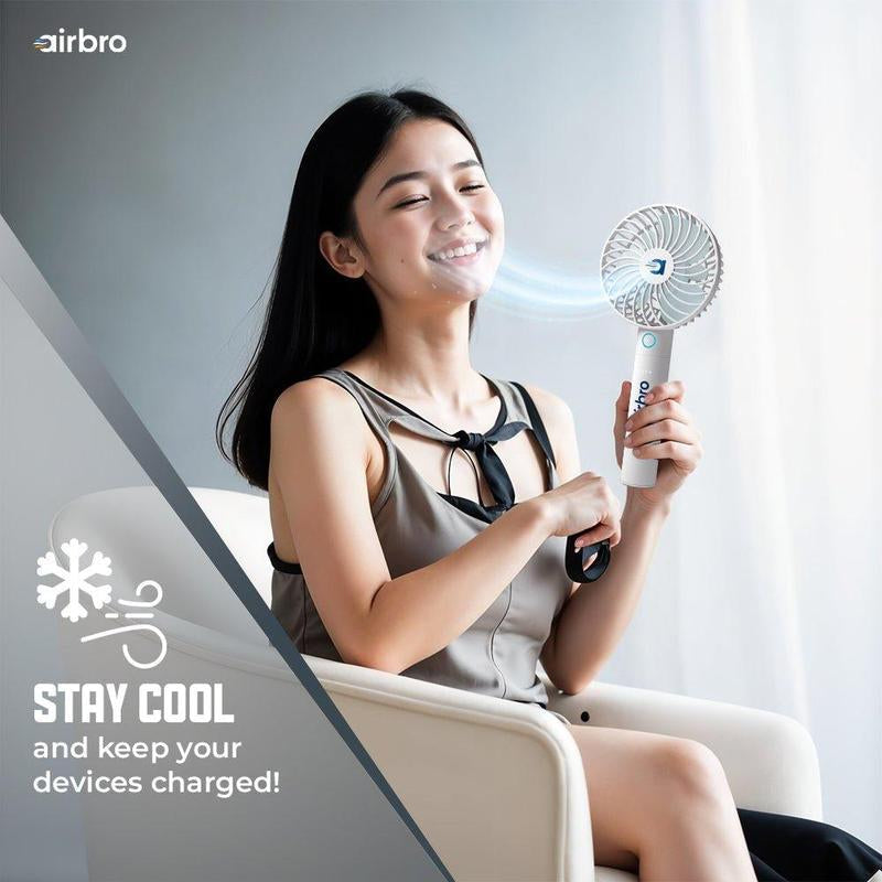 Airbro FHA-30 Handheld Portable Fan with 2600Mah Power Bank, 6-Blade Design, 3 Adjustable Speeds, and Charging Dock - Frosted White