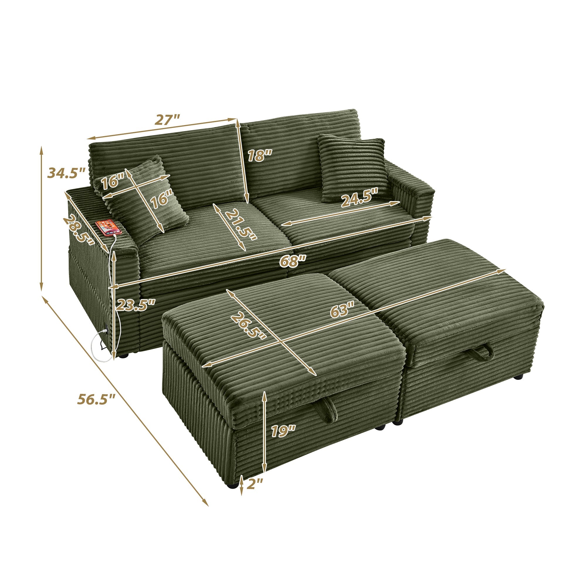 Sectional Sofa L-Shape Corduroy Green Storage Chaise 2 Ottomans USB 69 In