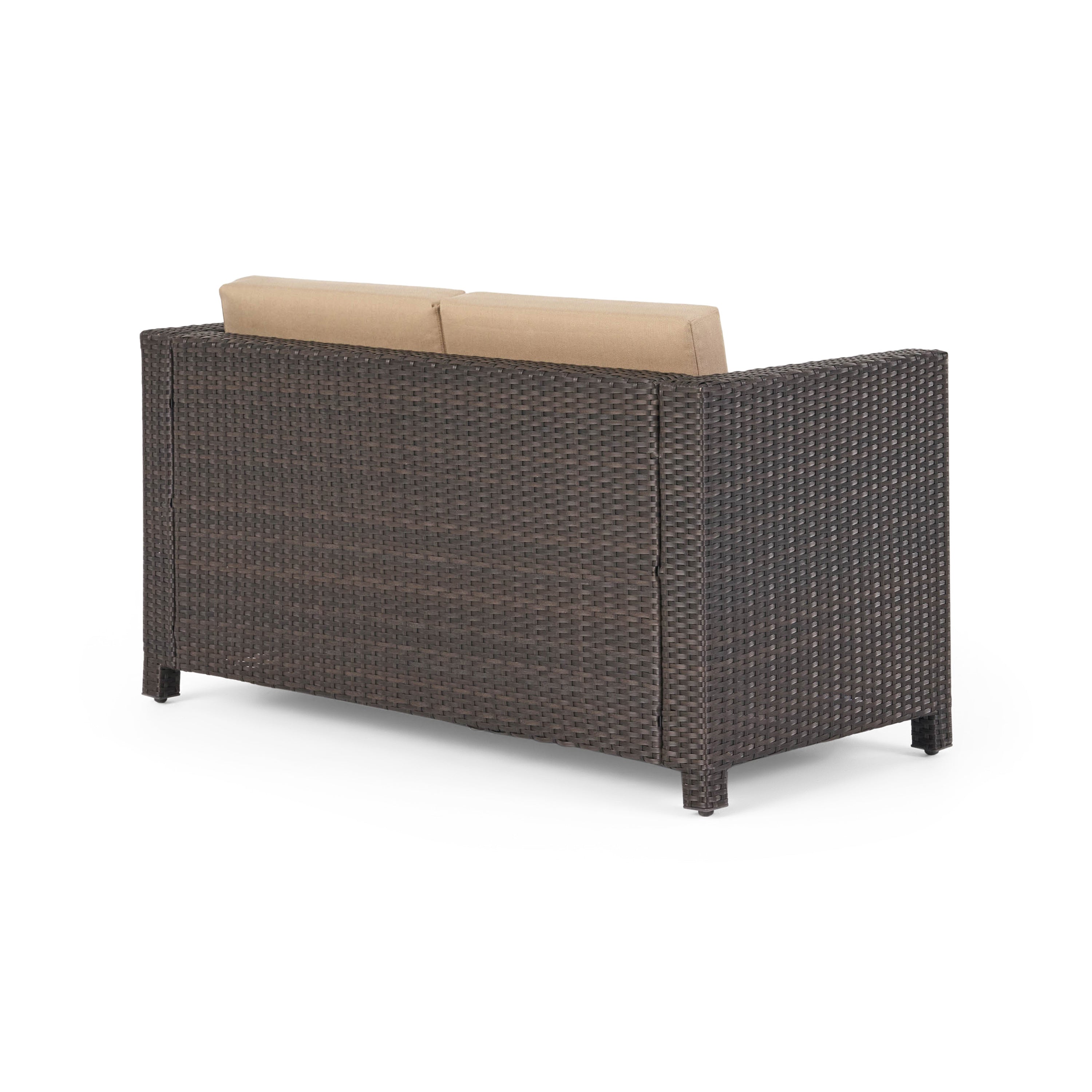 Outdoor Patio Set PE Rattan Dark Brown 4 Piece Loveseat Chairs Coffee Table