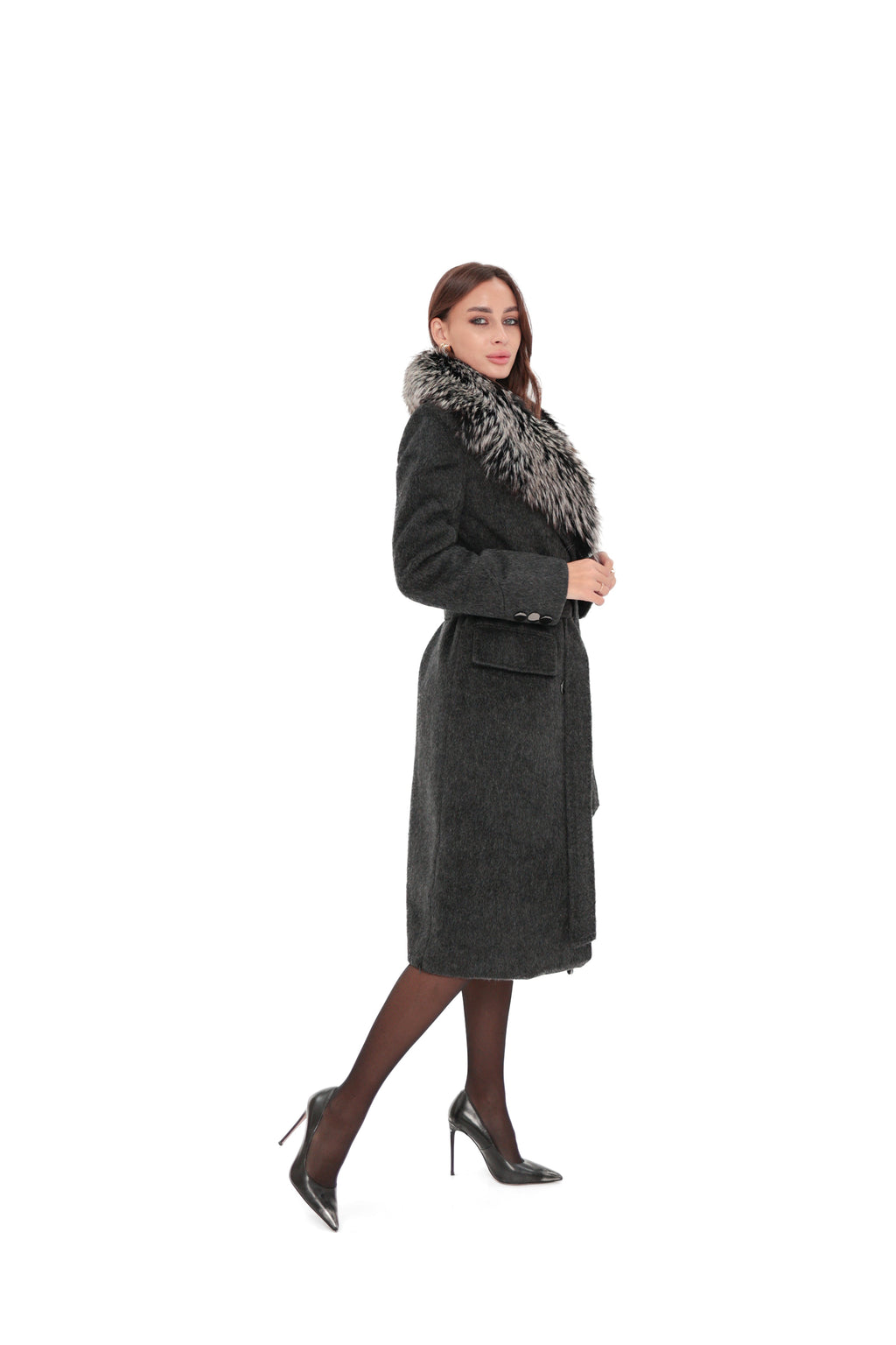 Genuine Silver Fox Cashmere Blend Coat