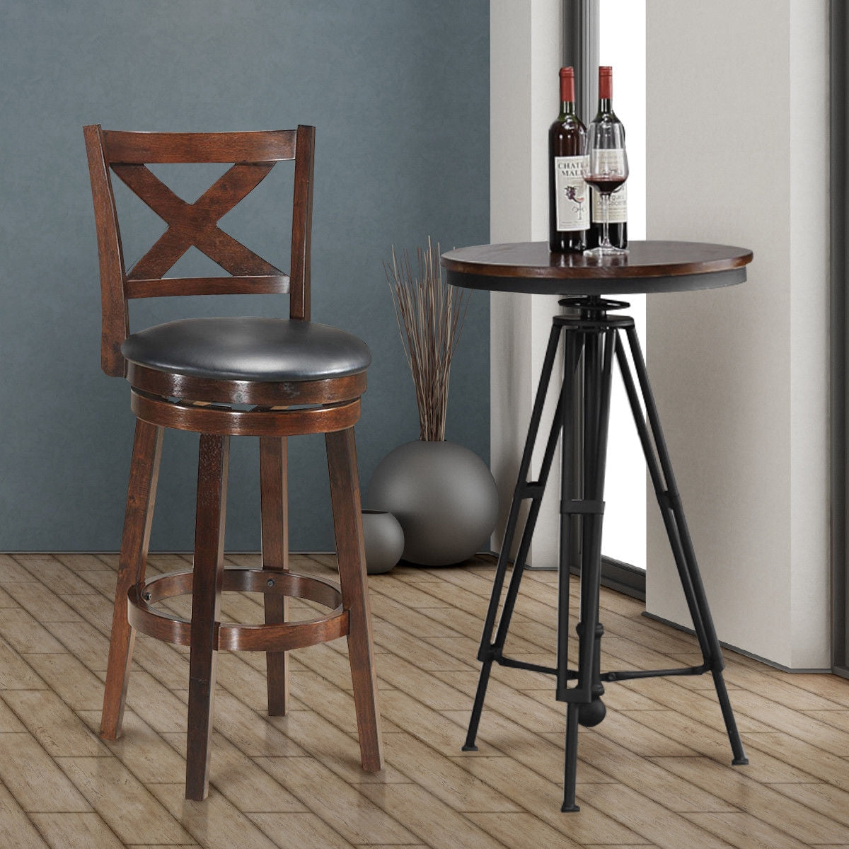 Swivel X-back Upholstered Counter Height Bar Stool with PVC Cushioned Seat