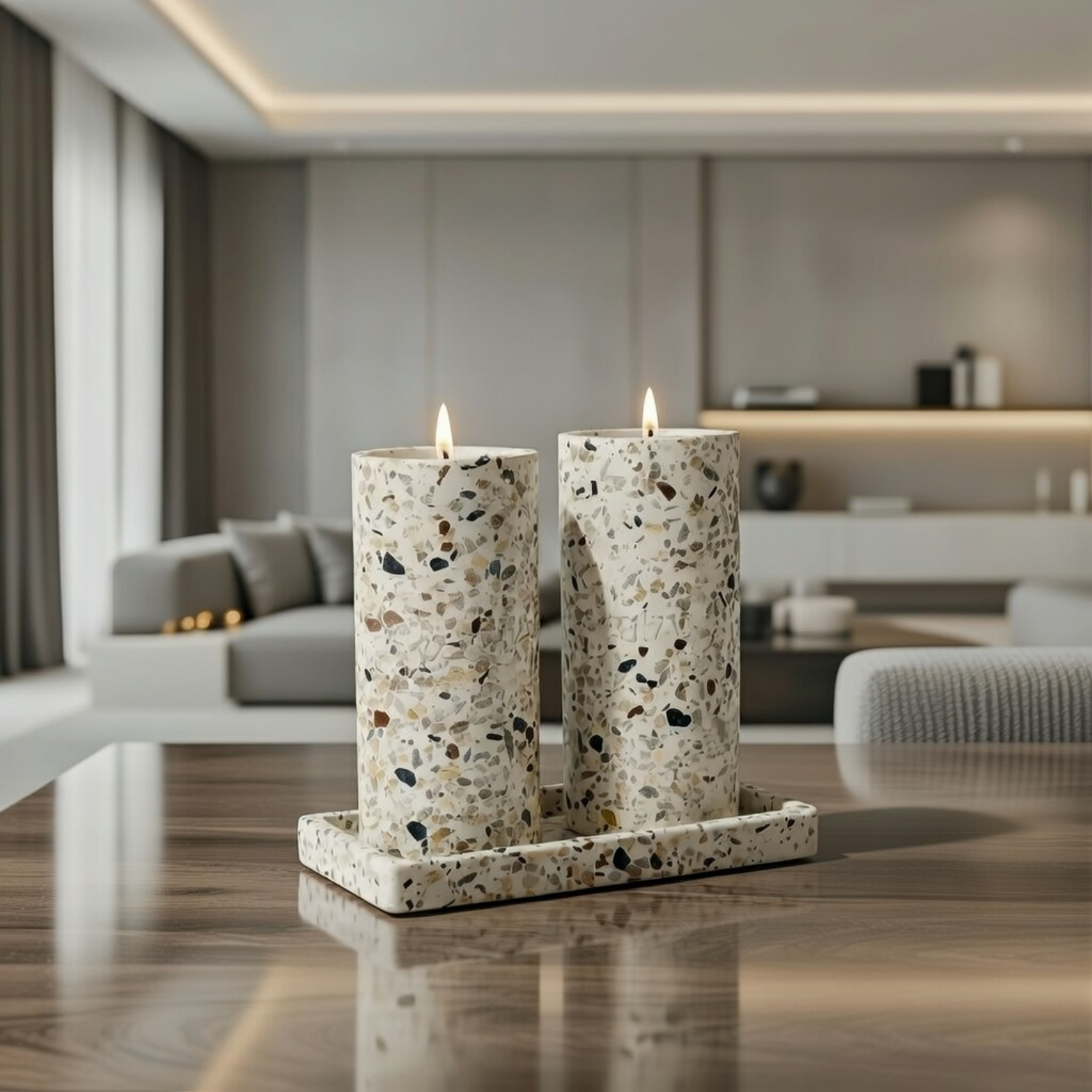 Set of Terrazzo Candle Holders for Shabbat with matching tray - Stone Glow Series