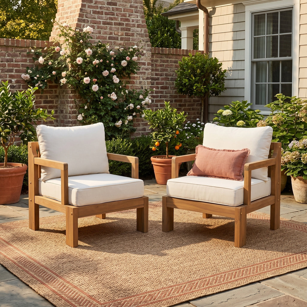 Outdoor Club Chair Set Acacia Wood Beige Cushions Set of 2
