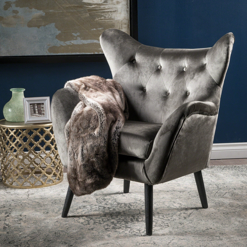 Accent Chair Mid-Century Wingback Velvet Tufted Gray Oak Frame 29x34x40 In