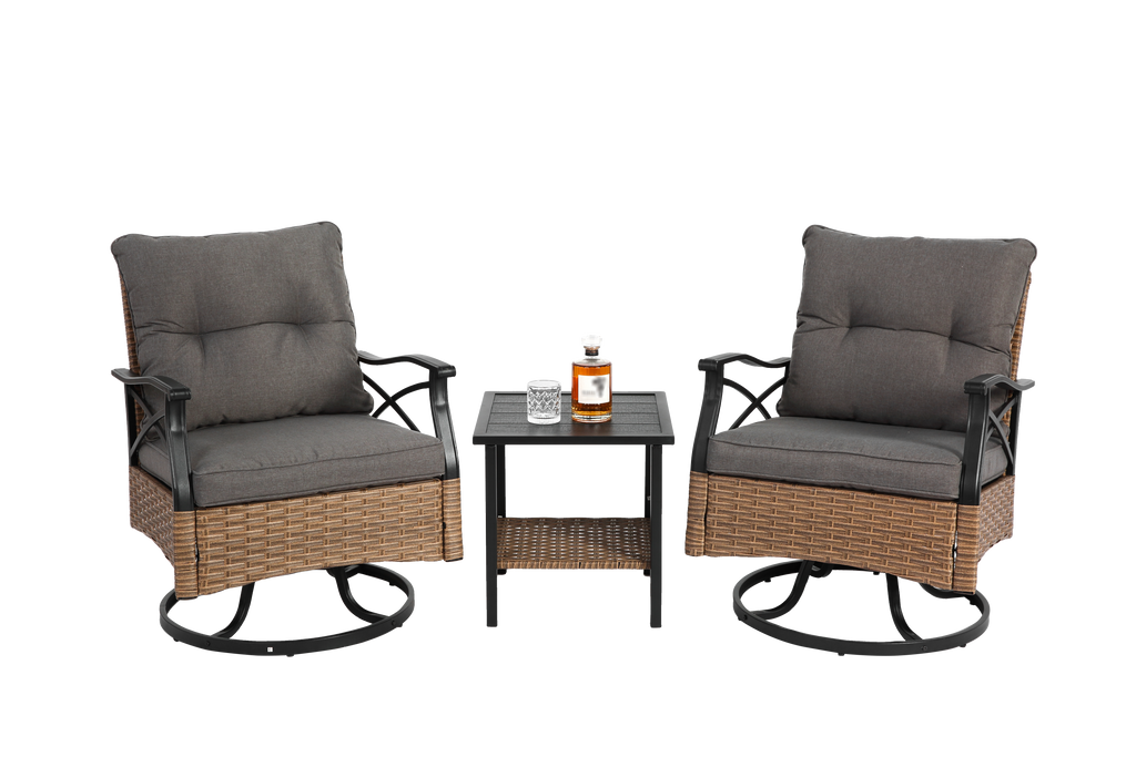 Outdoor Patio Set PE Rattan Steel Brown Swivel Rocker 3 Piece 350 LB