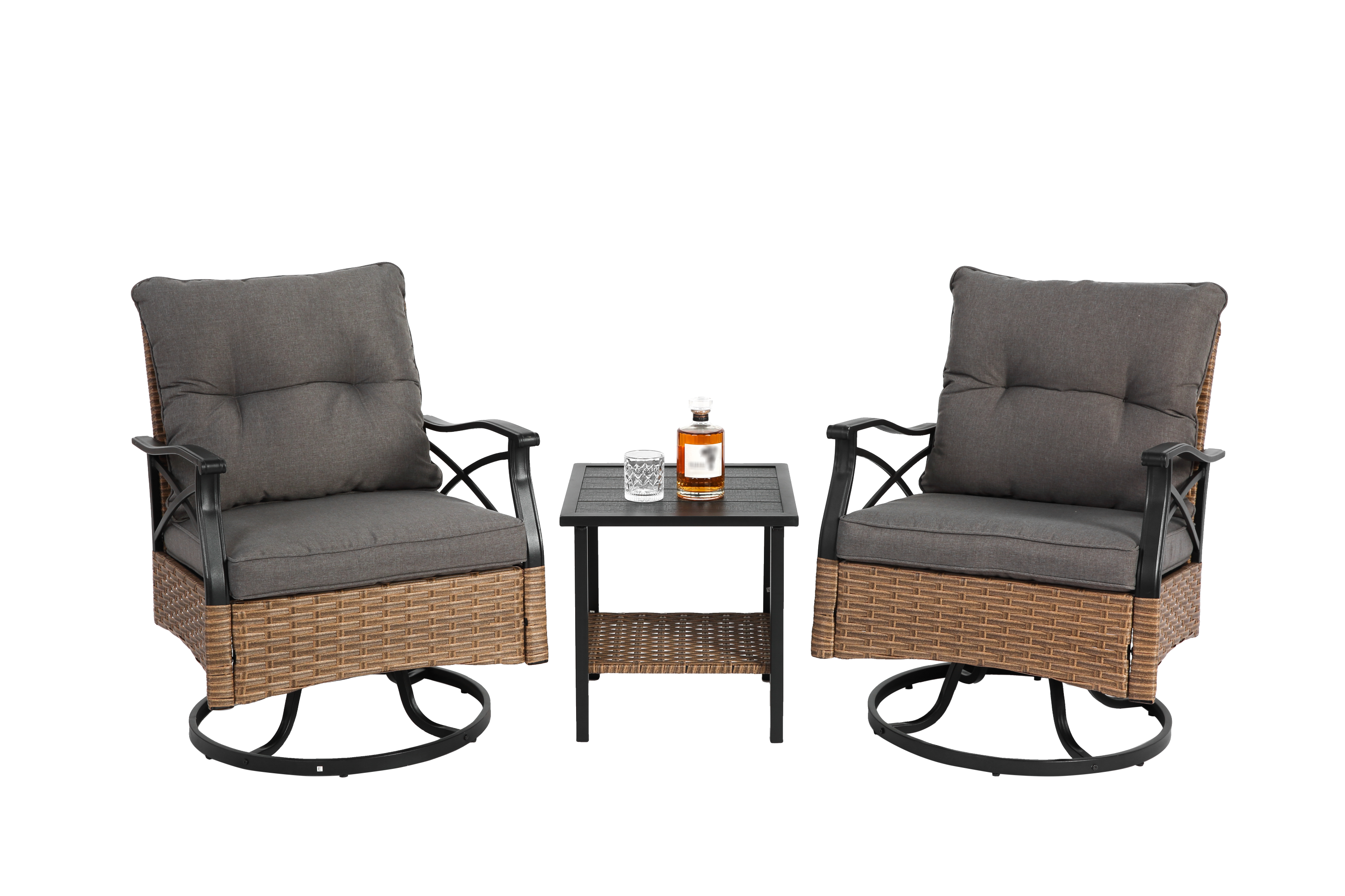 Outdoor Patio Set PE Rattan Steel Brown Swivel Rocker 3 Piece 350 LB