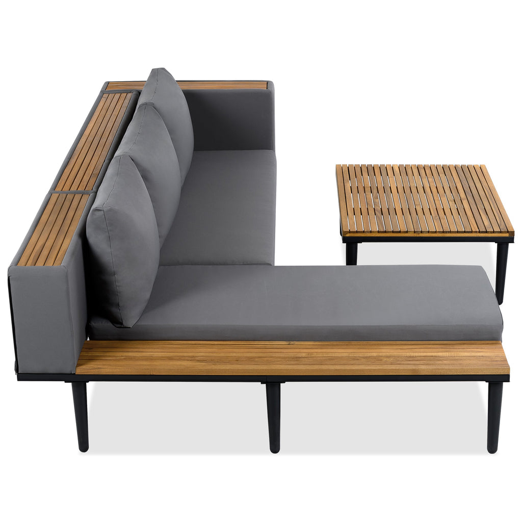 Outdoor Patio Set Acacia Wood Iron Gray L-Shape Seats 6 396 LB