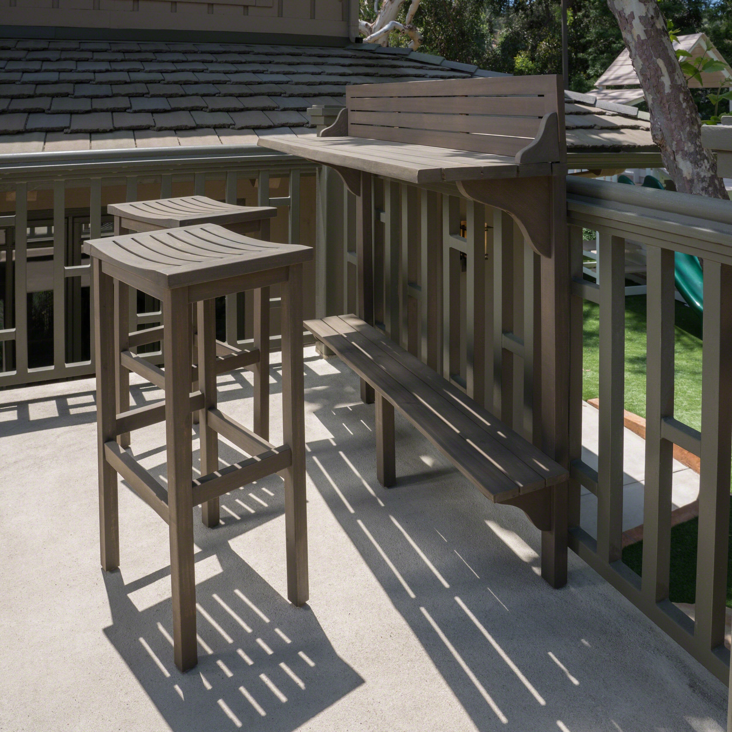 Outdoor Balcony Bar Set Acacia Wood Gray 3 Piece Table 2 Stools Seats 2