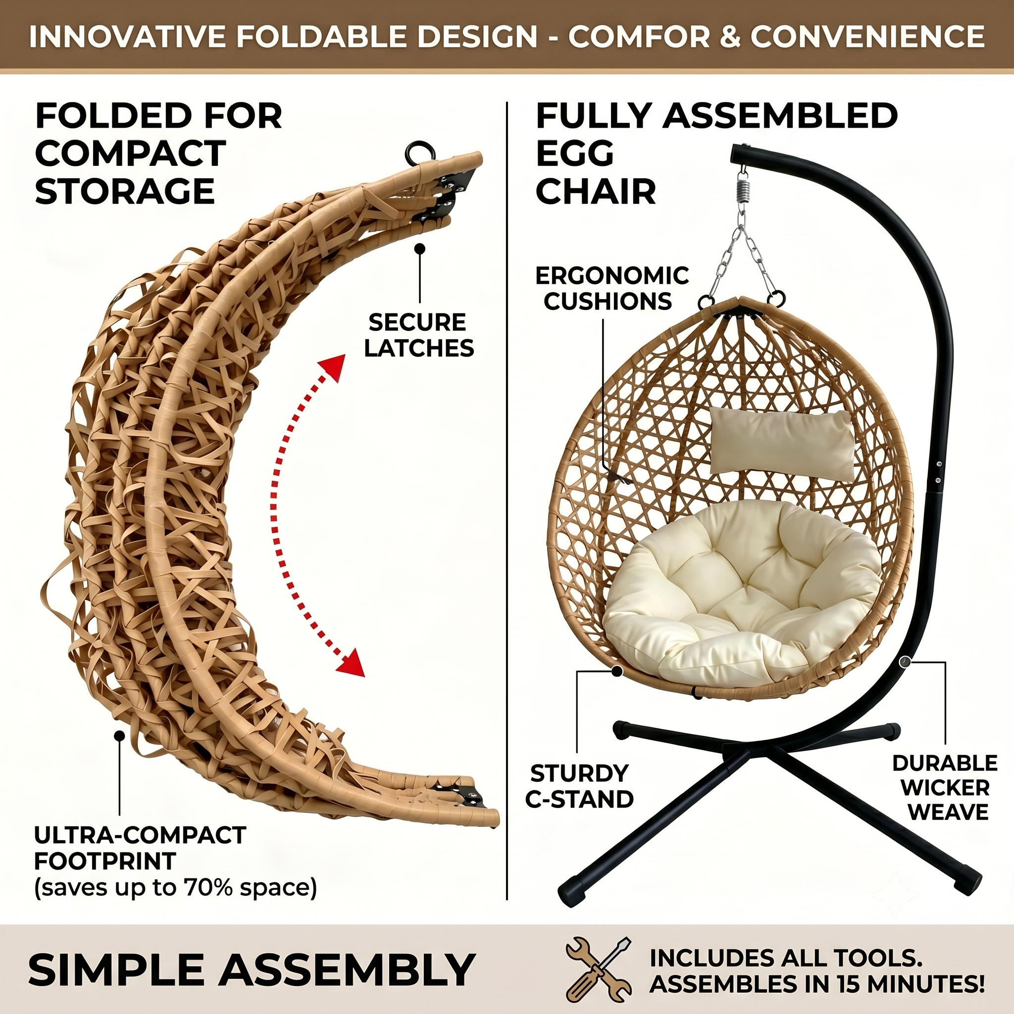 Foldable Hanging Egg Chair with Stand and Cushion
