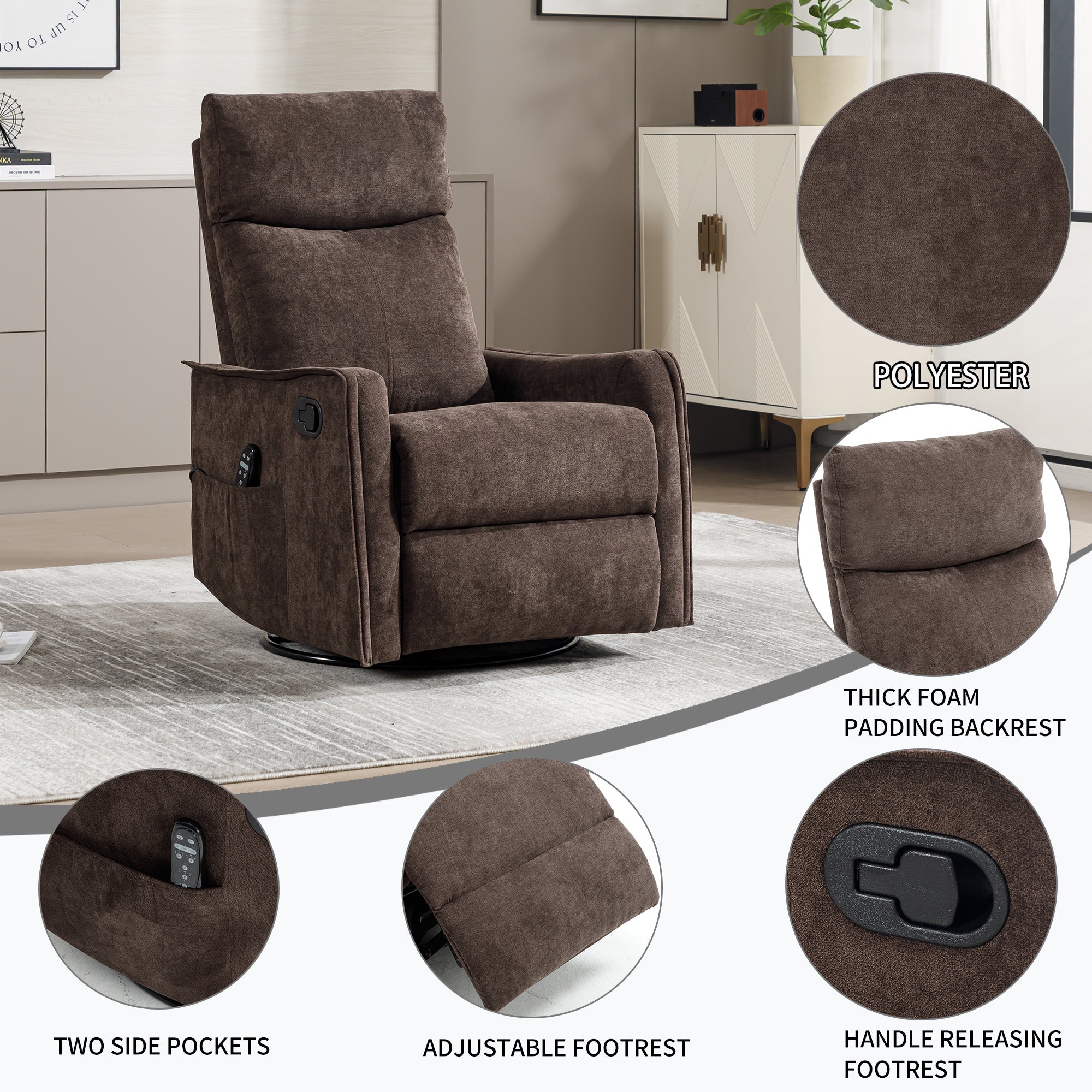 Recliner Chair Swivel Rocker Polyester Brown 360 Degree Heat Massage 155