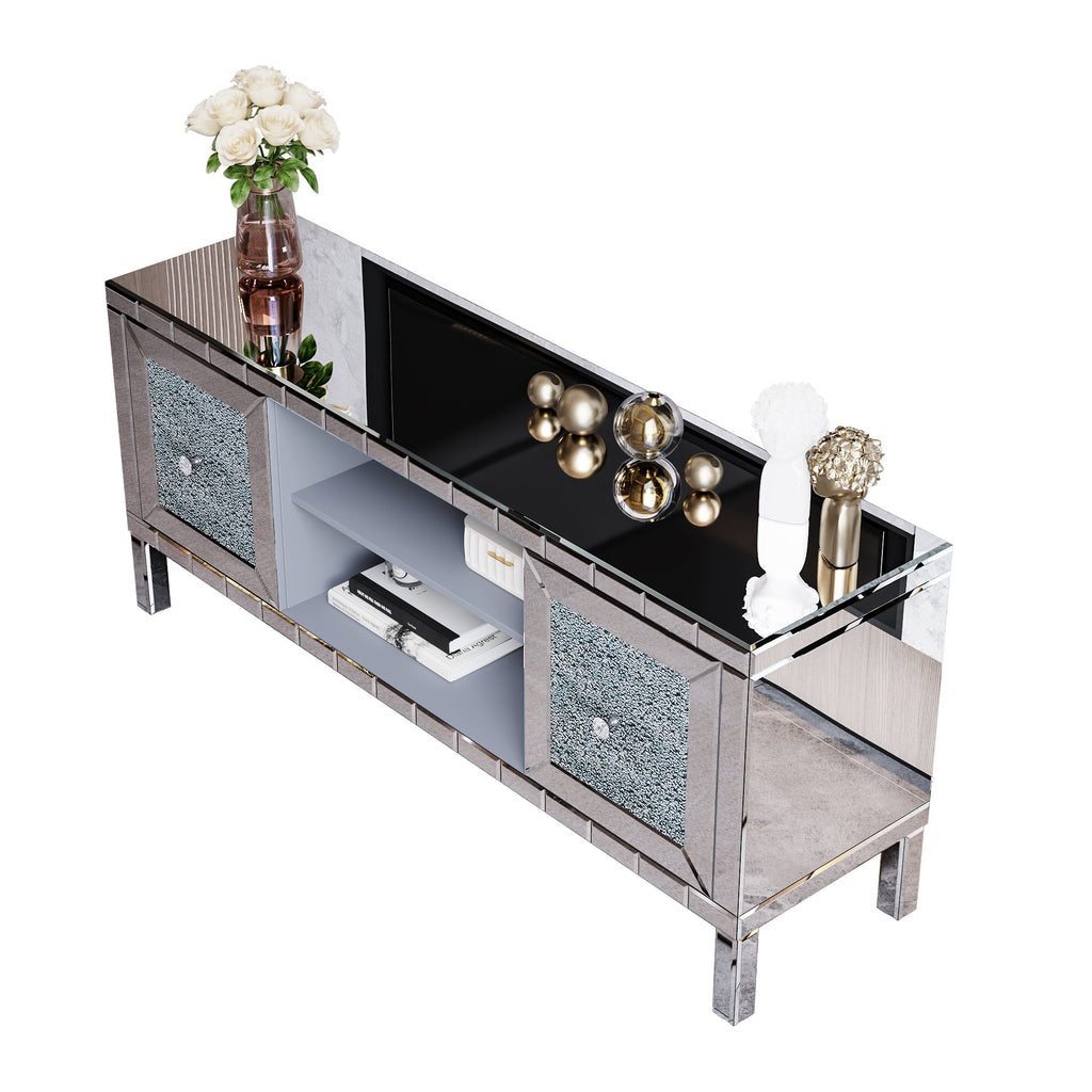 TV Stand Mirrored Crushed Diamond Glass Silver 59 In Fits 65 In TV