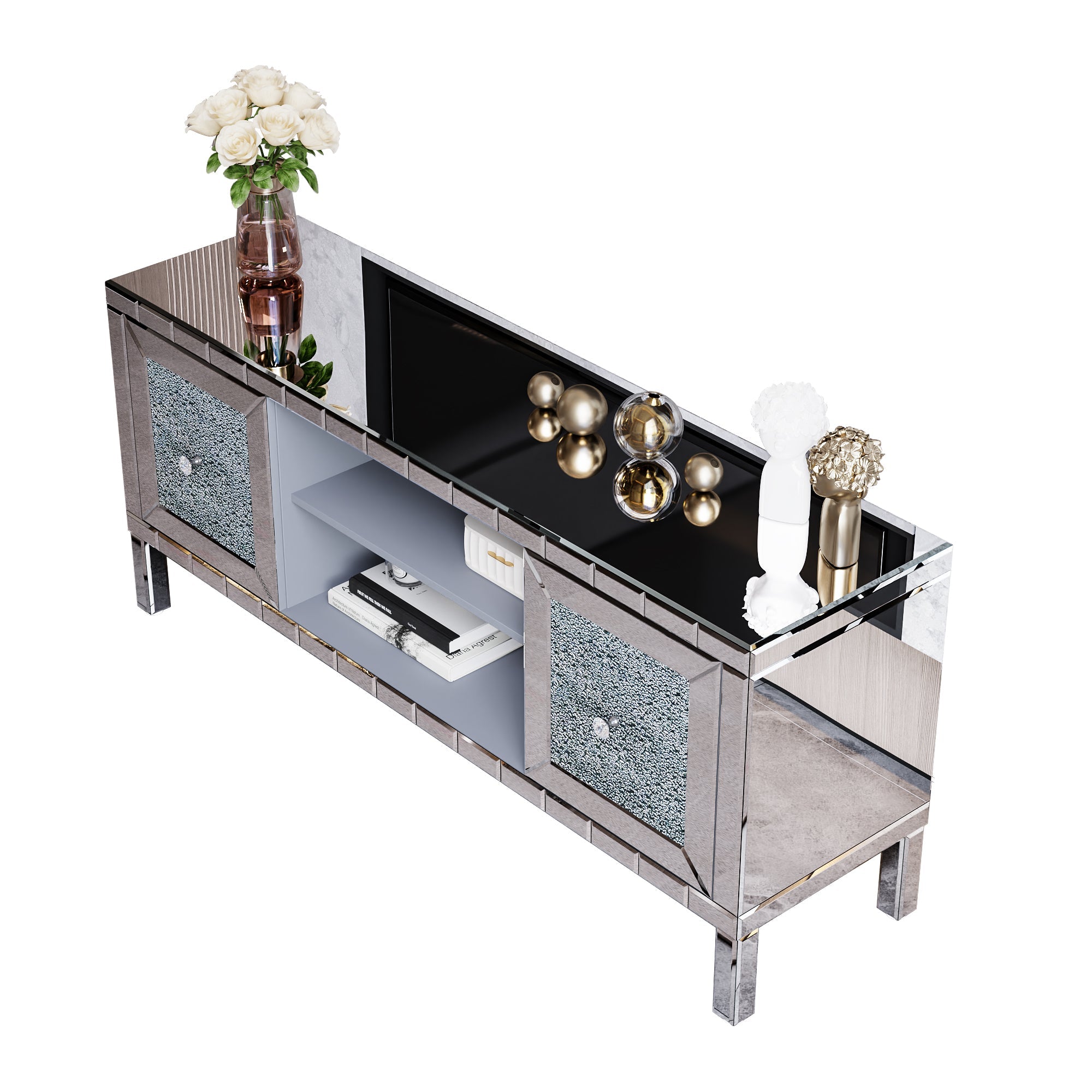 TV Stand Mirrored Crushed Diamond Glass Silver 59 In Fits 65 In TV