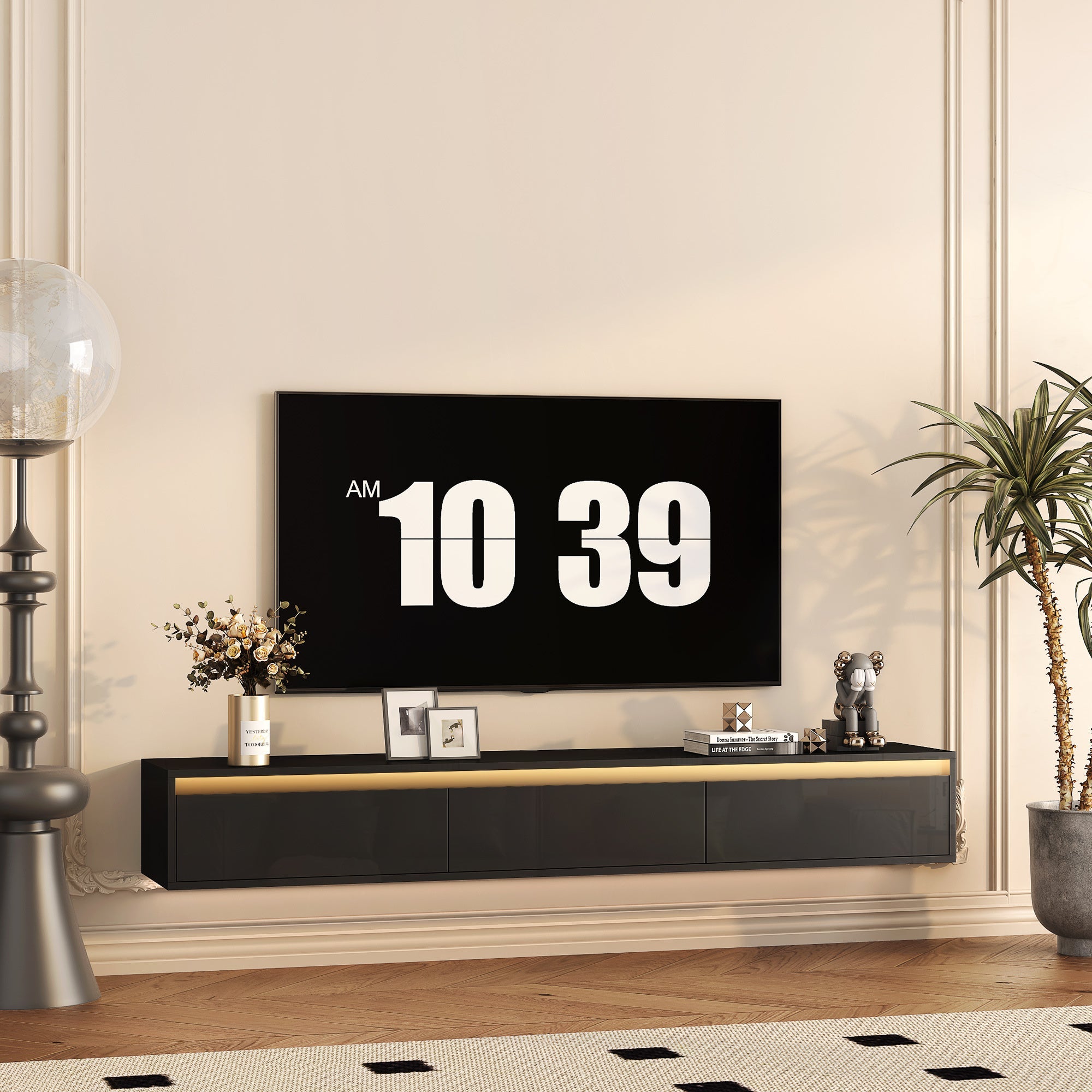 TV Stand Wall-Mounted Floating LED Black MDF 3 AC 2 USB Fits 65 In TV