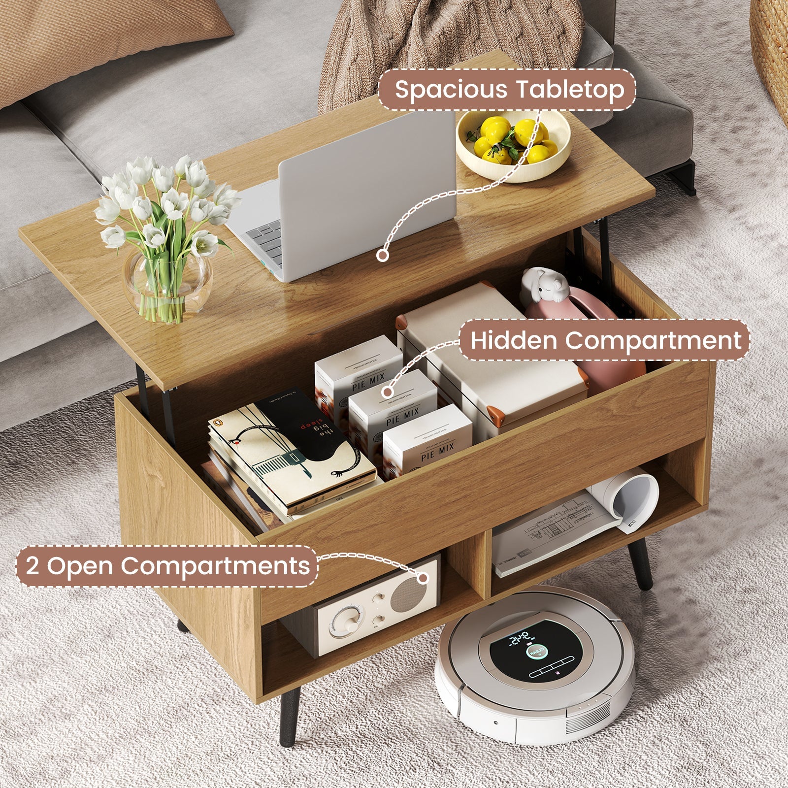 31.5 Inch Lift-Top Coffee Table with Hidden Storage and 2 Open Shelves