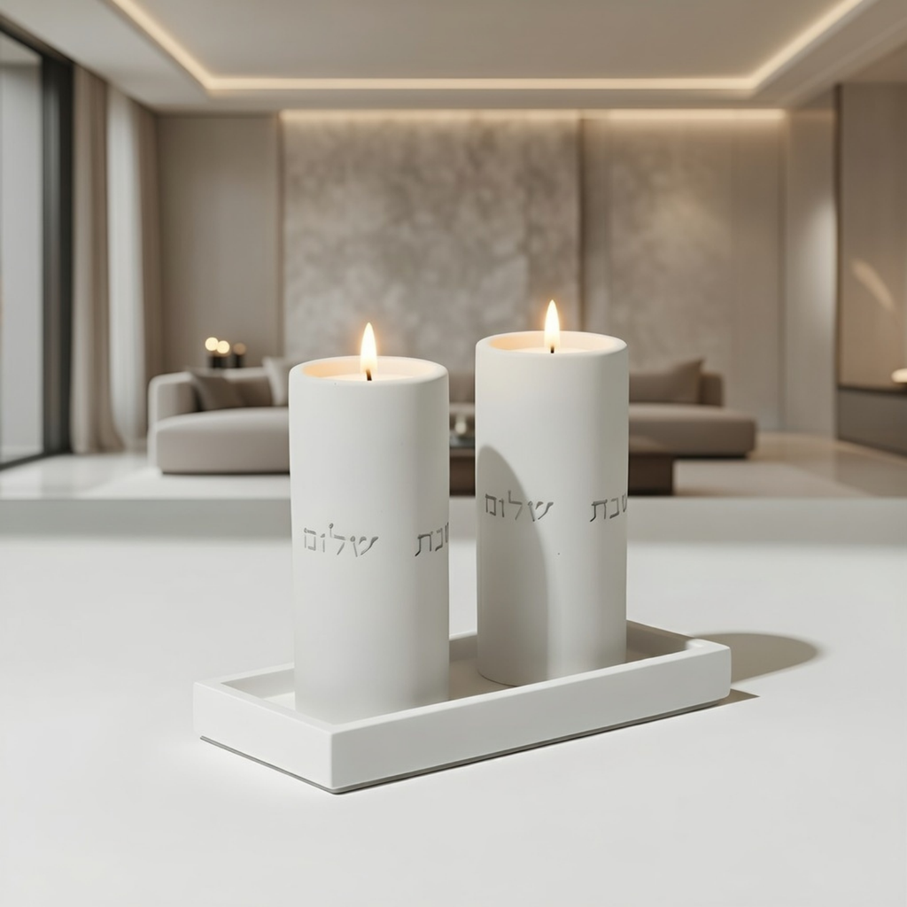 Set of candlesticks for Shabbat with a designed concrete tray - Stone Glow Series