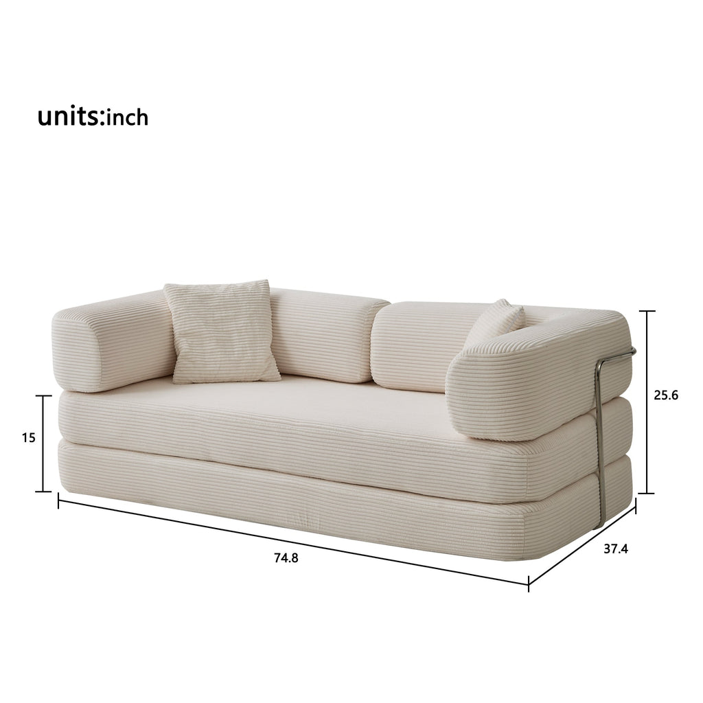 Sofa Floor Low Profile 5-in-1 Corduroy Cream Sleeper with Blanket 74.8 In