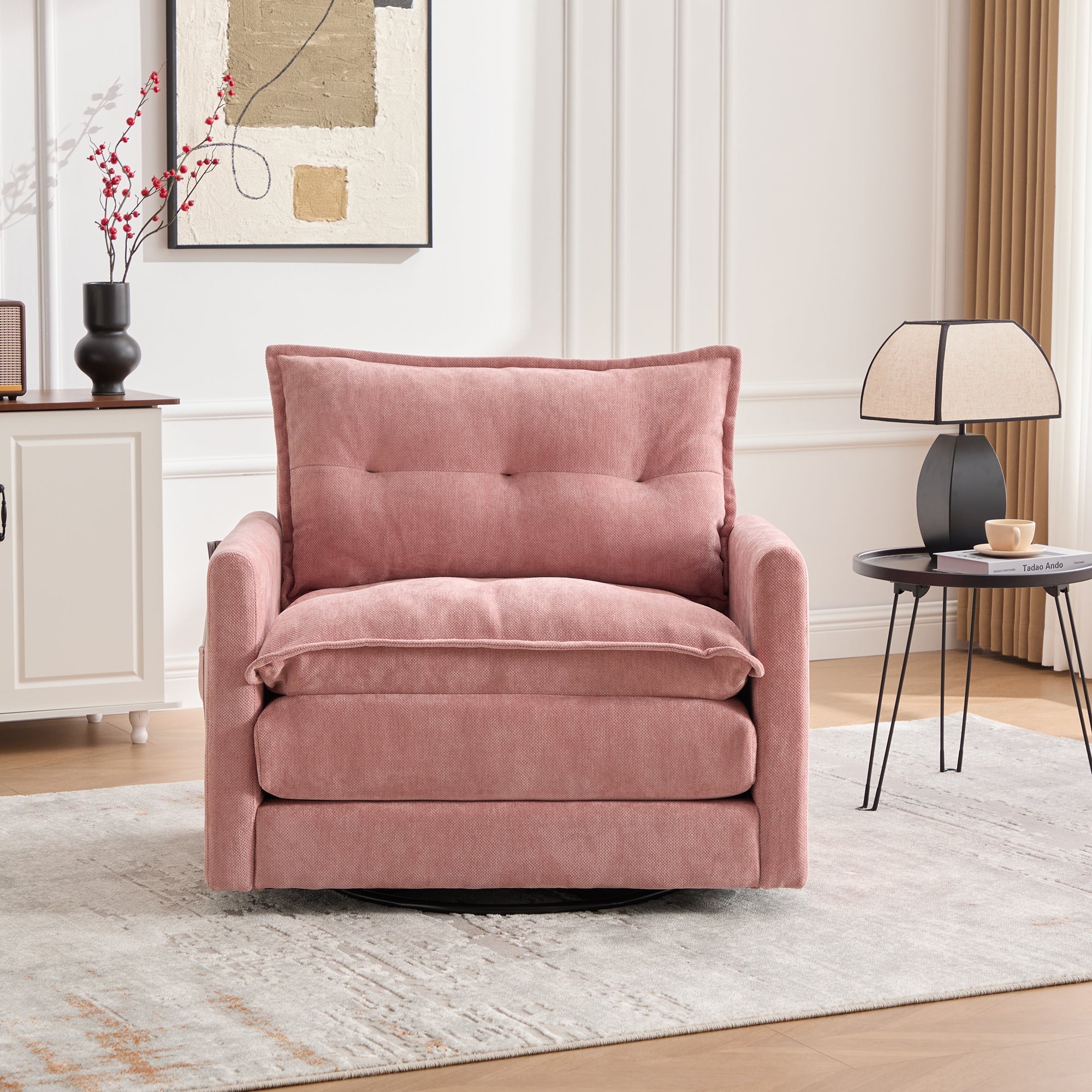 Accent Chair Swivel Barrel Chenille Pink Memory Foam