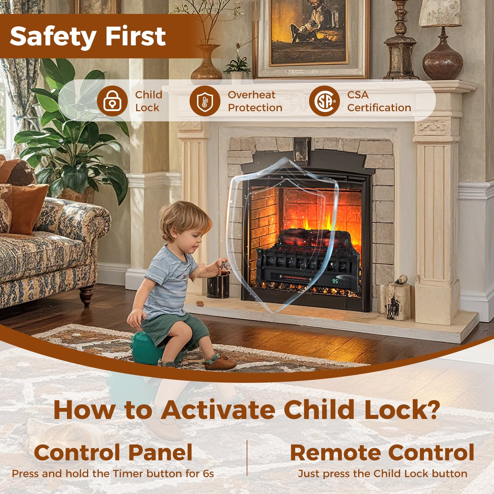 23 Inch Infrared Quartz Electric Fireplace Pinewood Log Heater with Adjustable Flame-Black