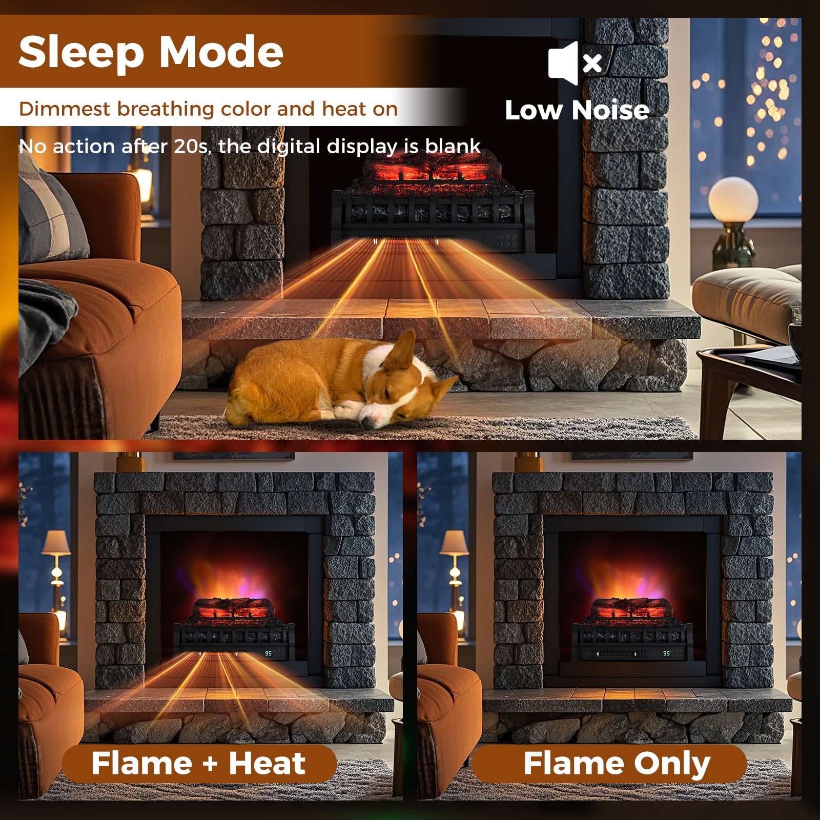 23 Inch Infrared Quartz Electric Fireplace Pinewood Log Heater with Adjustable Flame-Black