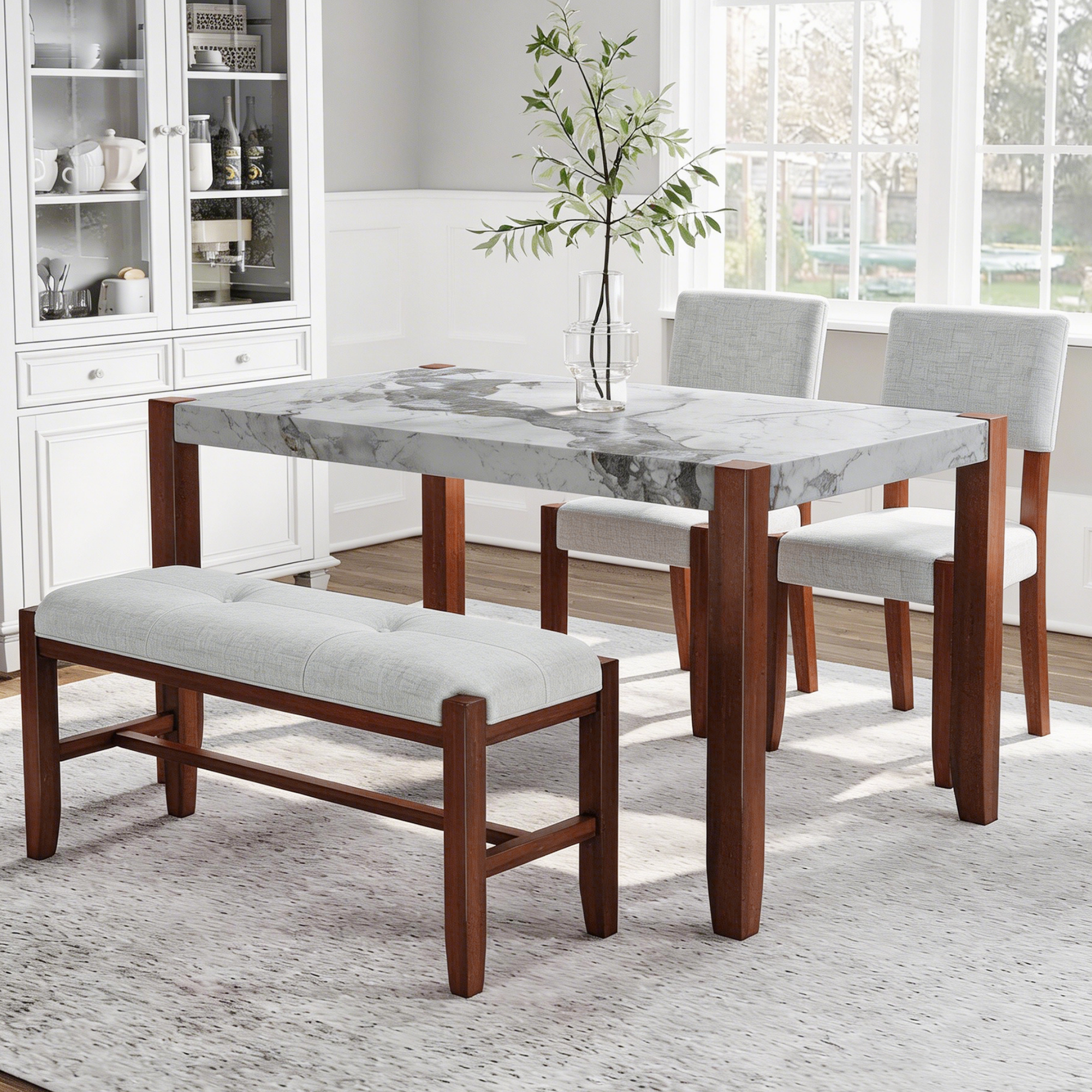 4-Piece Dining Set, 1 Marble-Look Table with 2 Upholstered Chairs and 1 Bench