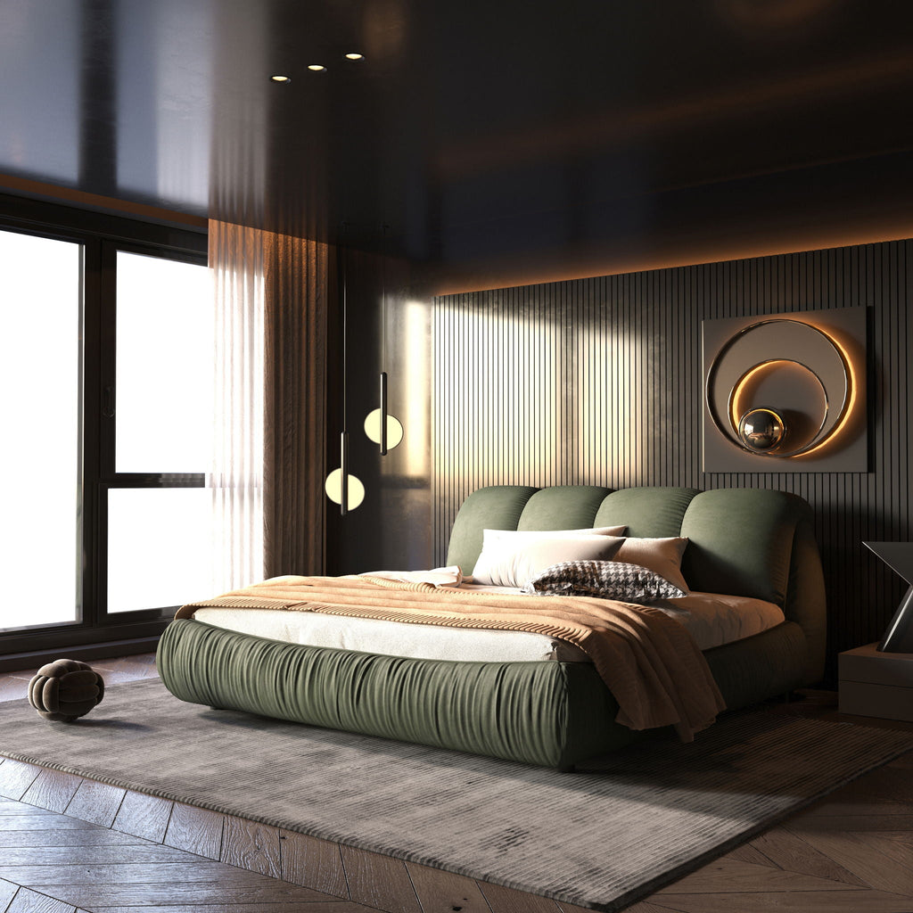 Luxury Upholstered Platform Bed With Oversized Padded Backrest And Solid Wood Frame