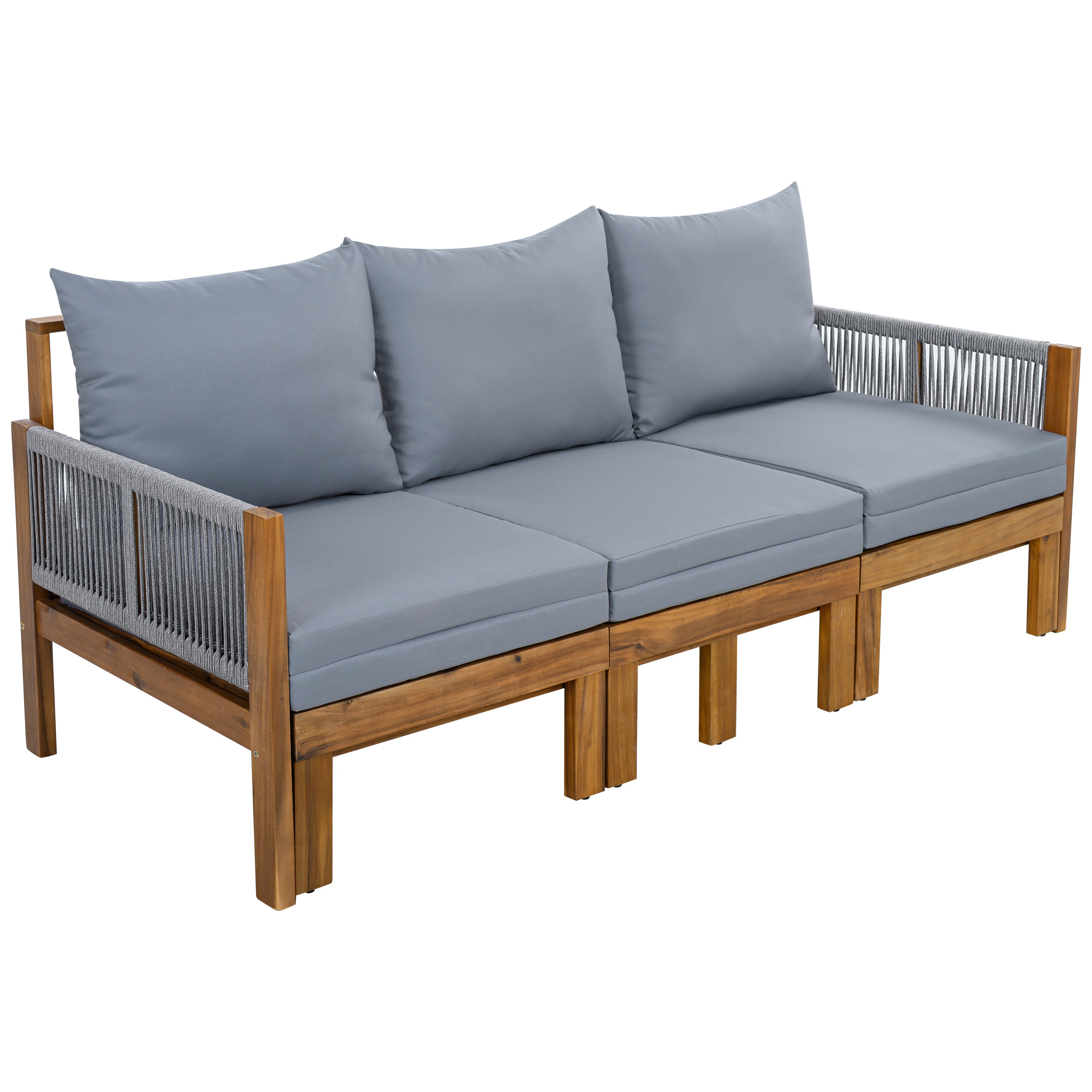 Chaise Lounge Acacia Wood Rope Natural Gray Cushion Convertible 3 Seat